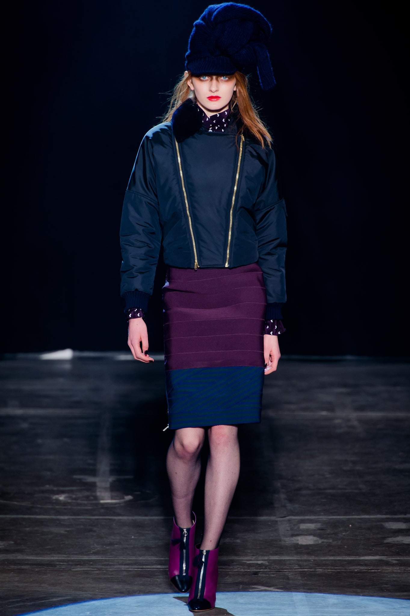 blue fitted jacket and pencil skirt