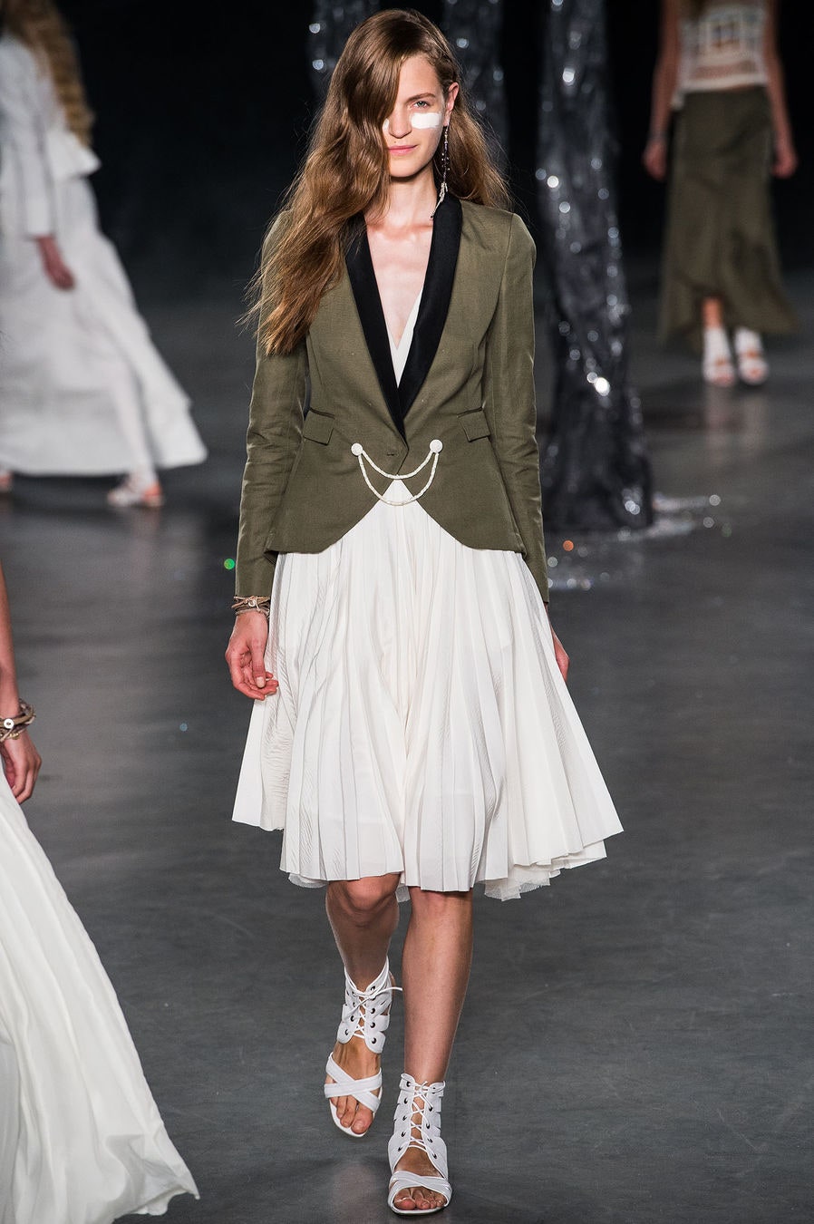 green tailored blazer white pleated dress