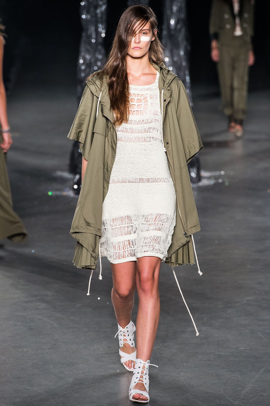 green coat white mini dress