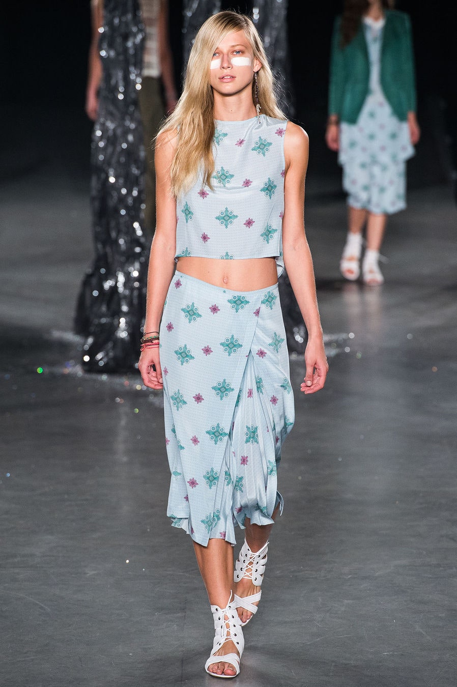 blue printed crop-top and midi skirt