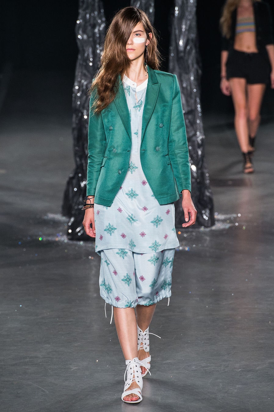 green tailored blazer with layered dress