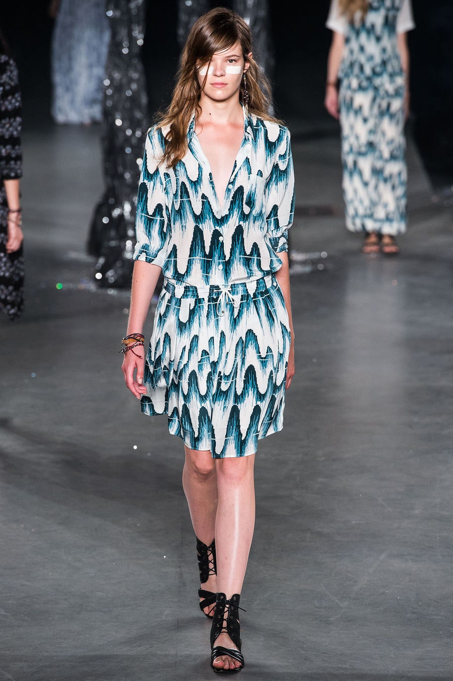 blue and white printed mini dress