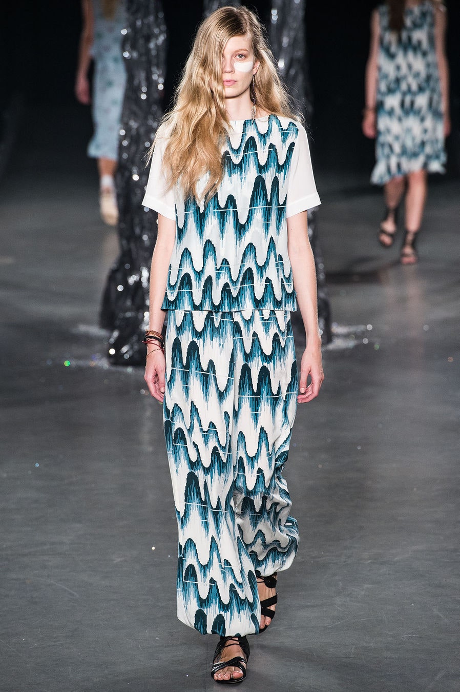 printed white and blue top and pants