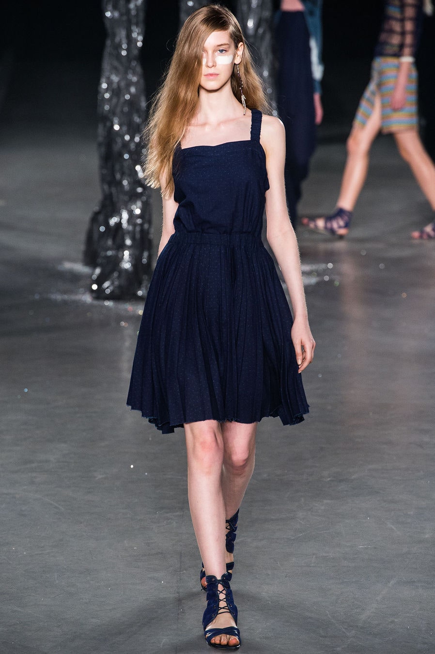 blue pleated sleeveless dress