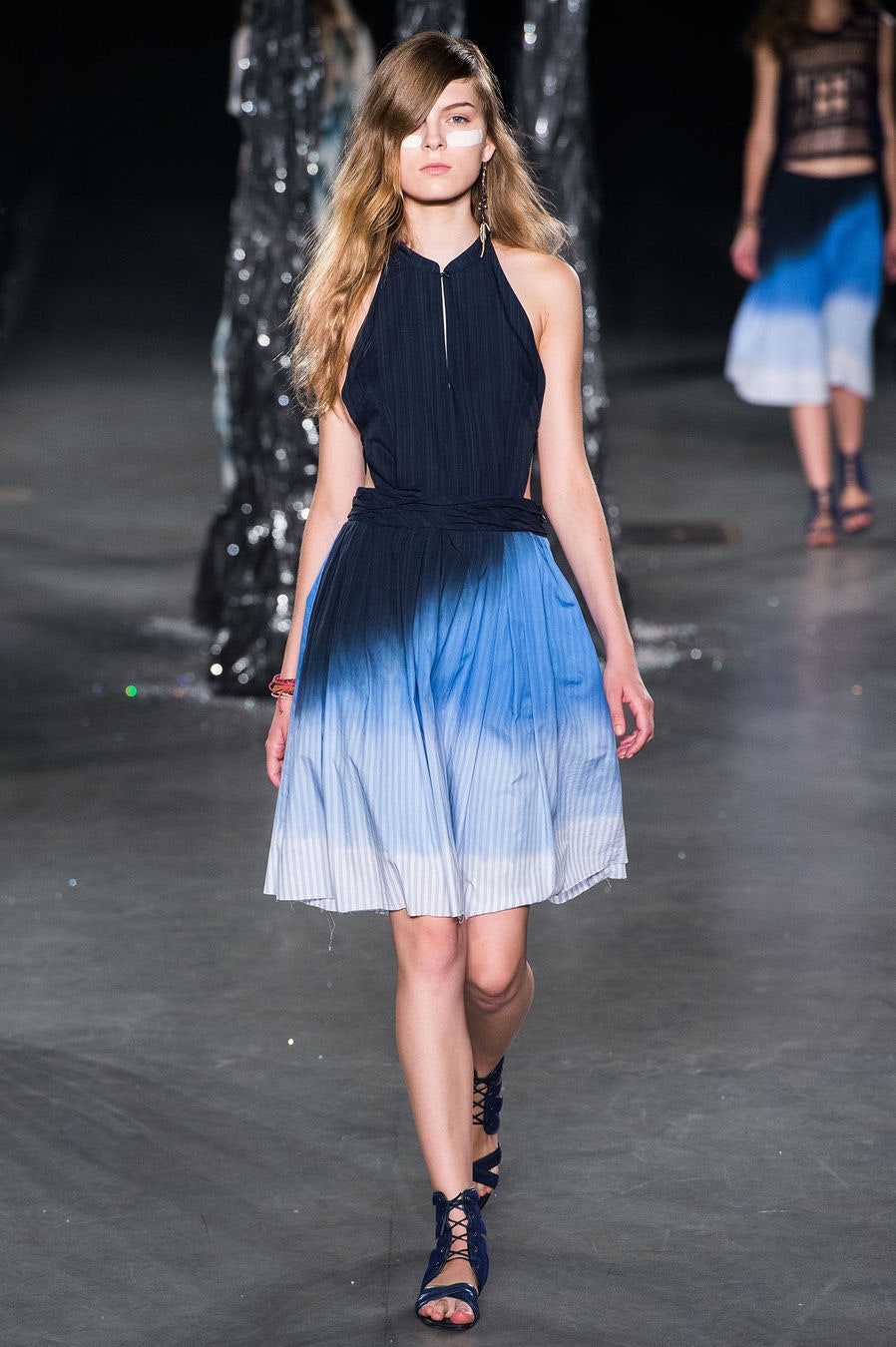 blue black pleated midi dress