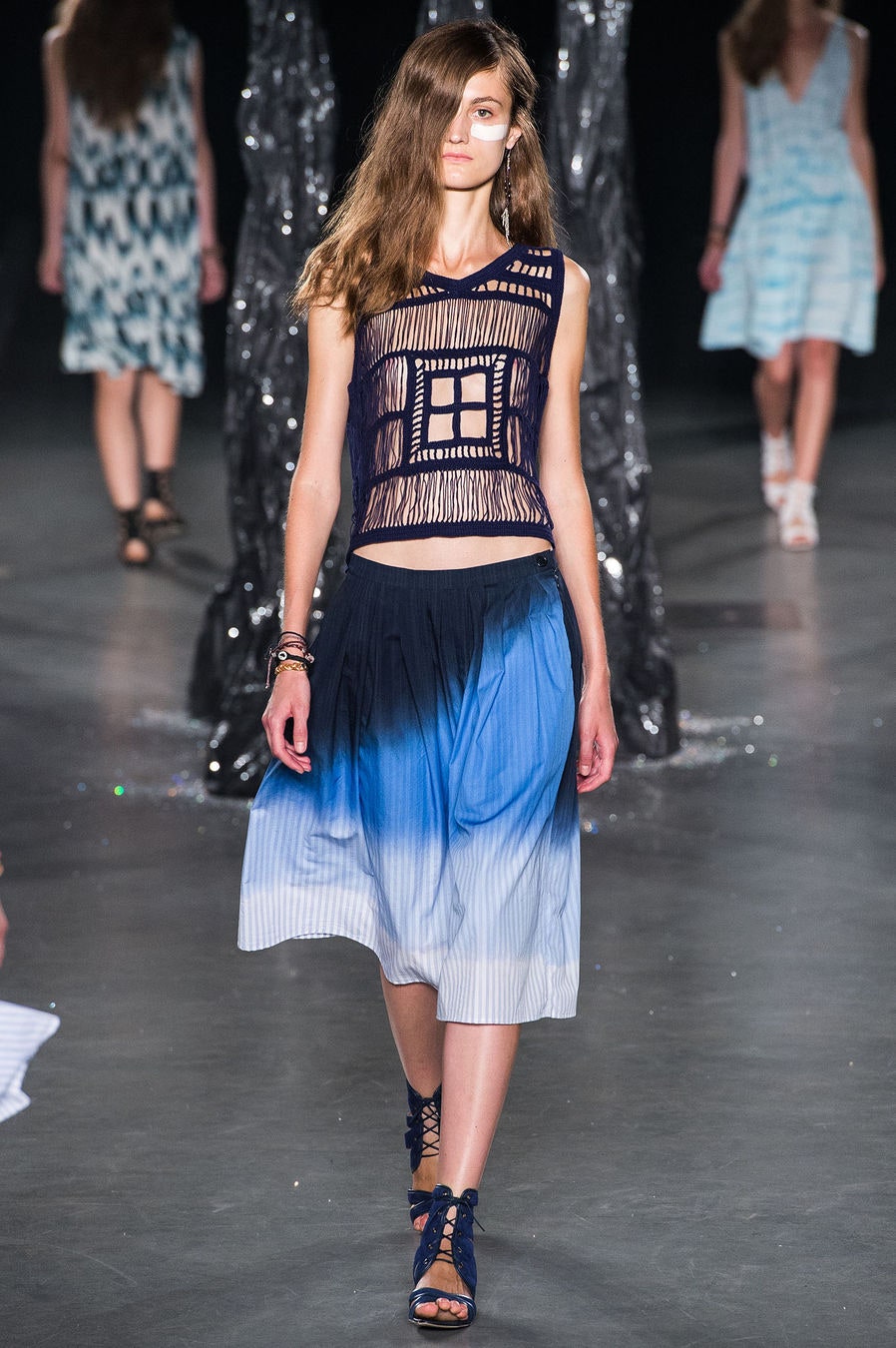 navy crochet top with pleated skirt