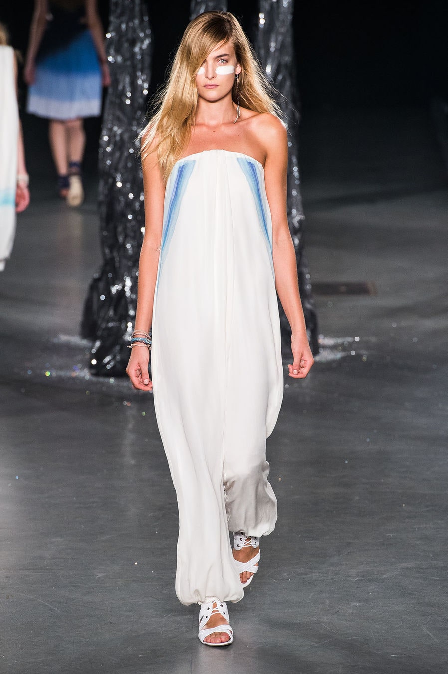 white and blue strapless maxi dress