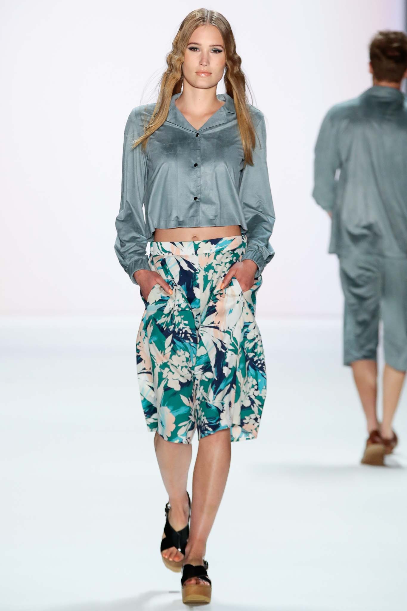 blue silk cropped shirt and multi skirt