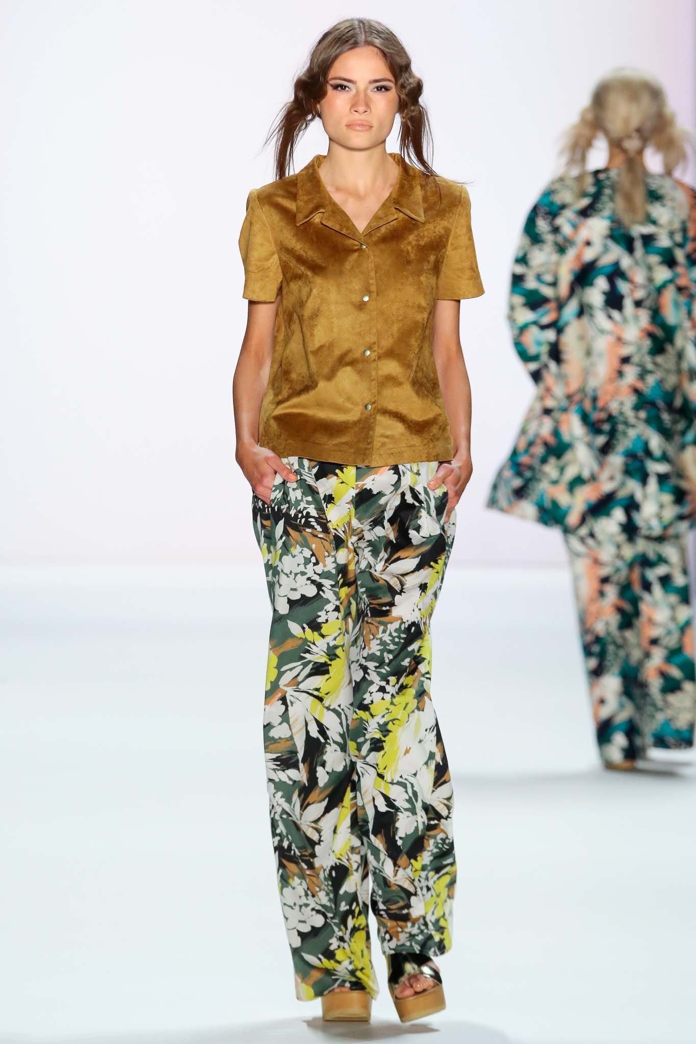 brown velvet fitted shirt with floral pants