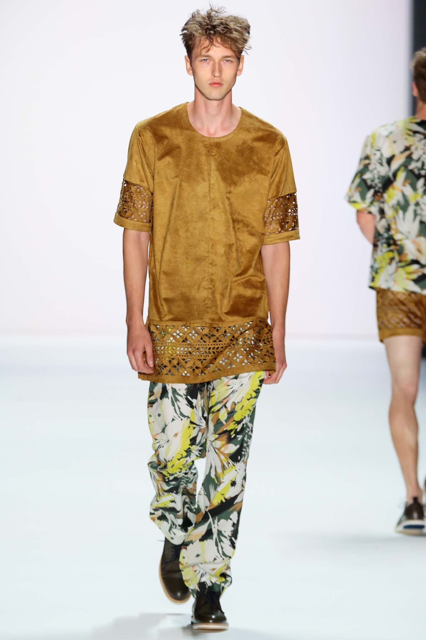 brown suede top with printed pants