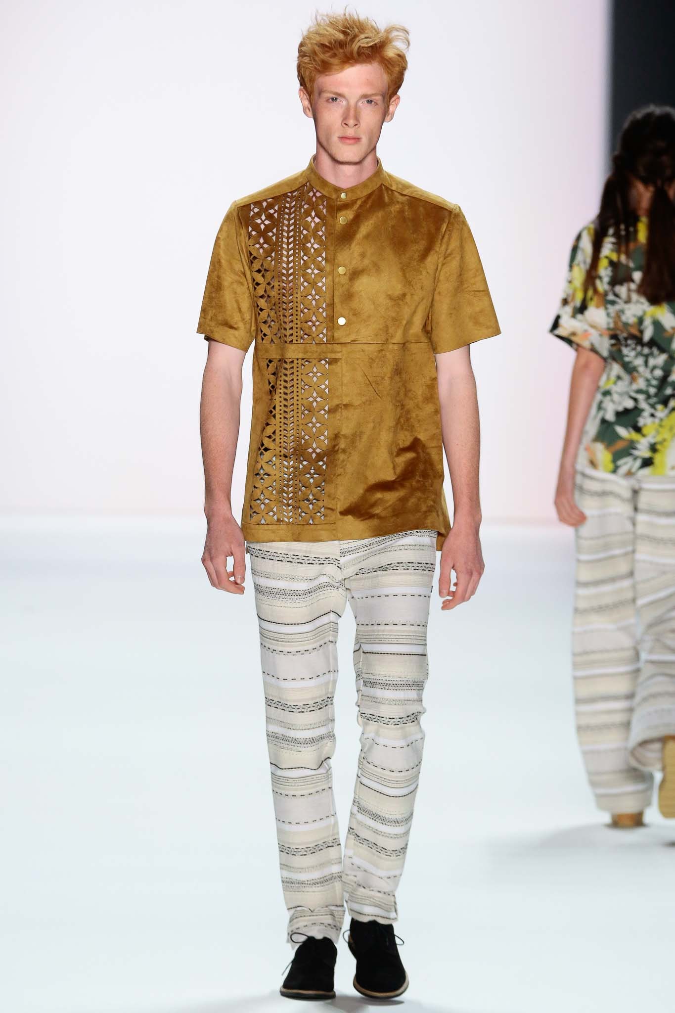 brown suede shirt with striped pants