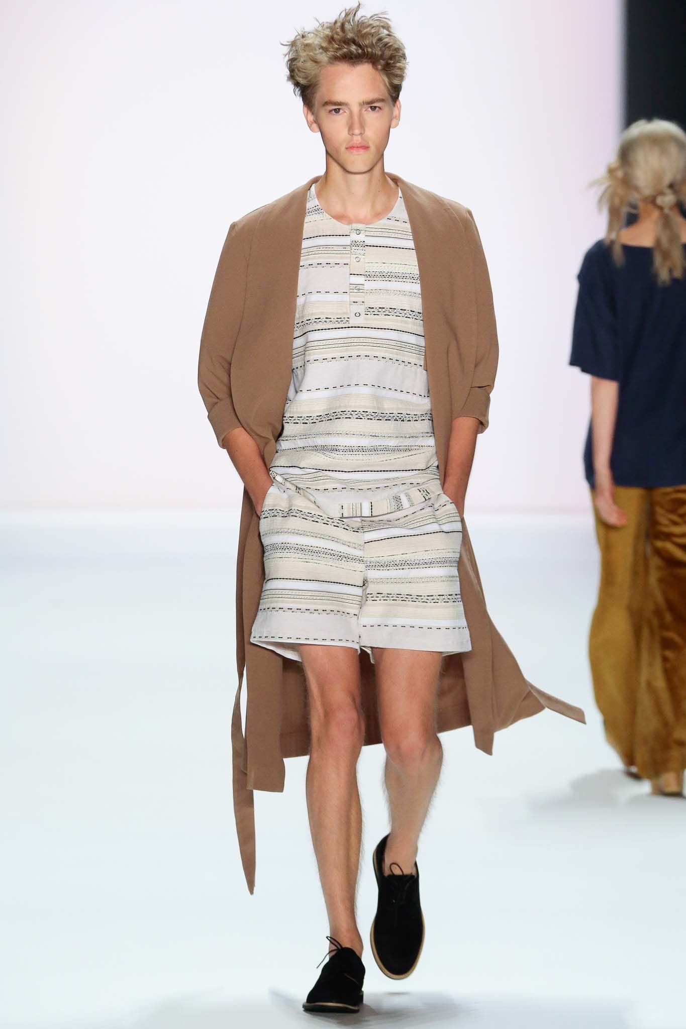 brown coat with white shirt and shorts