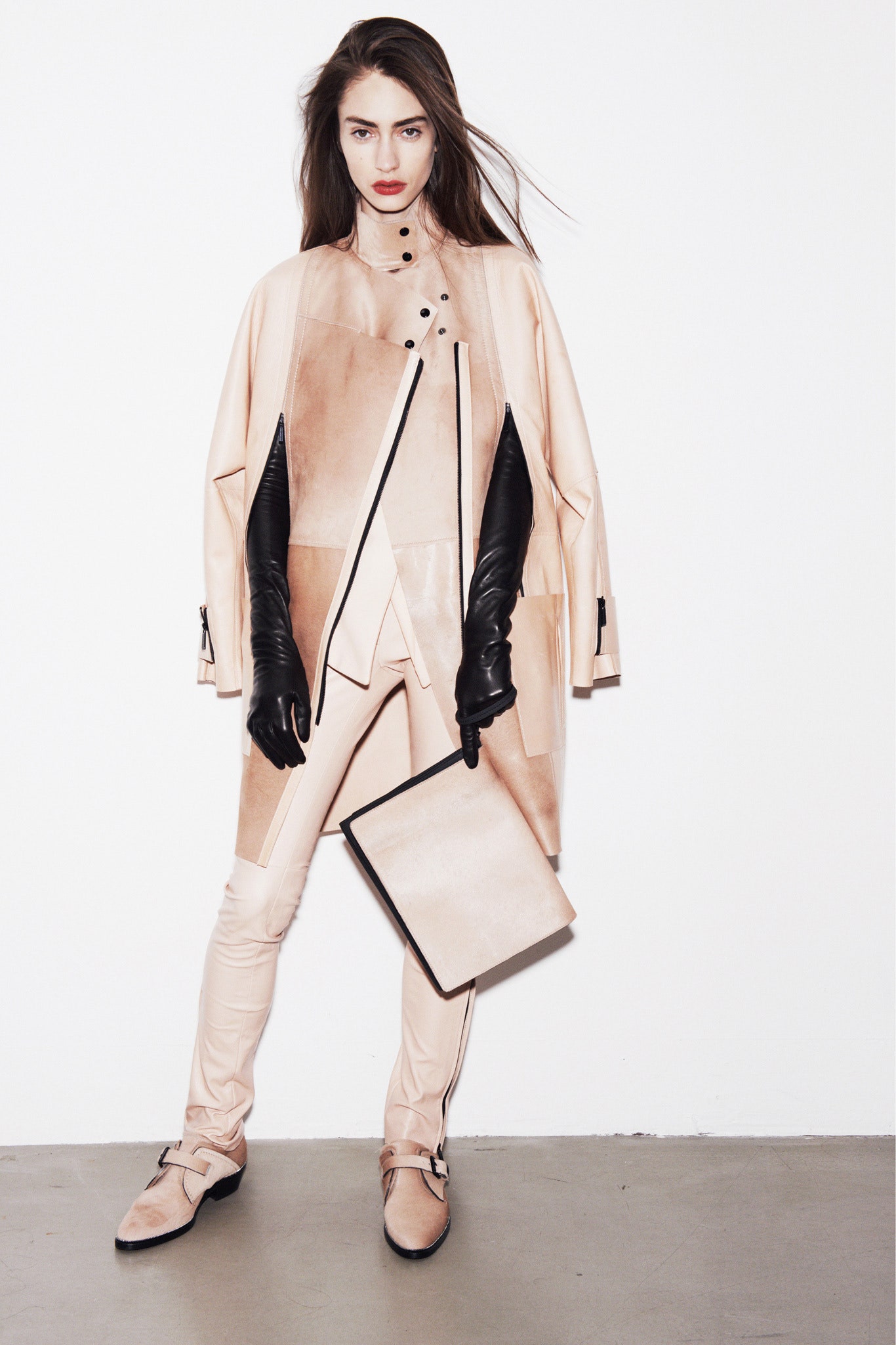 beige leather oversized coat