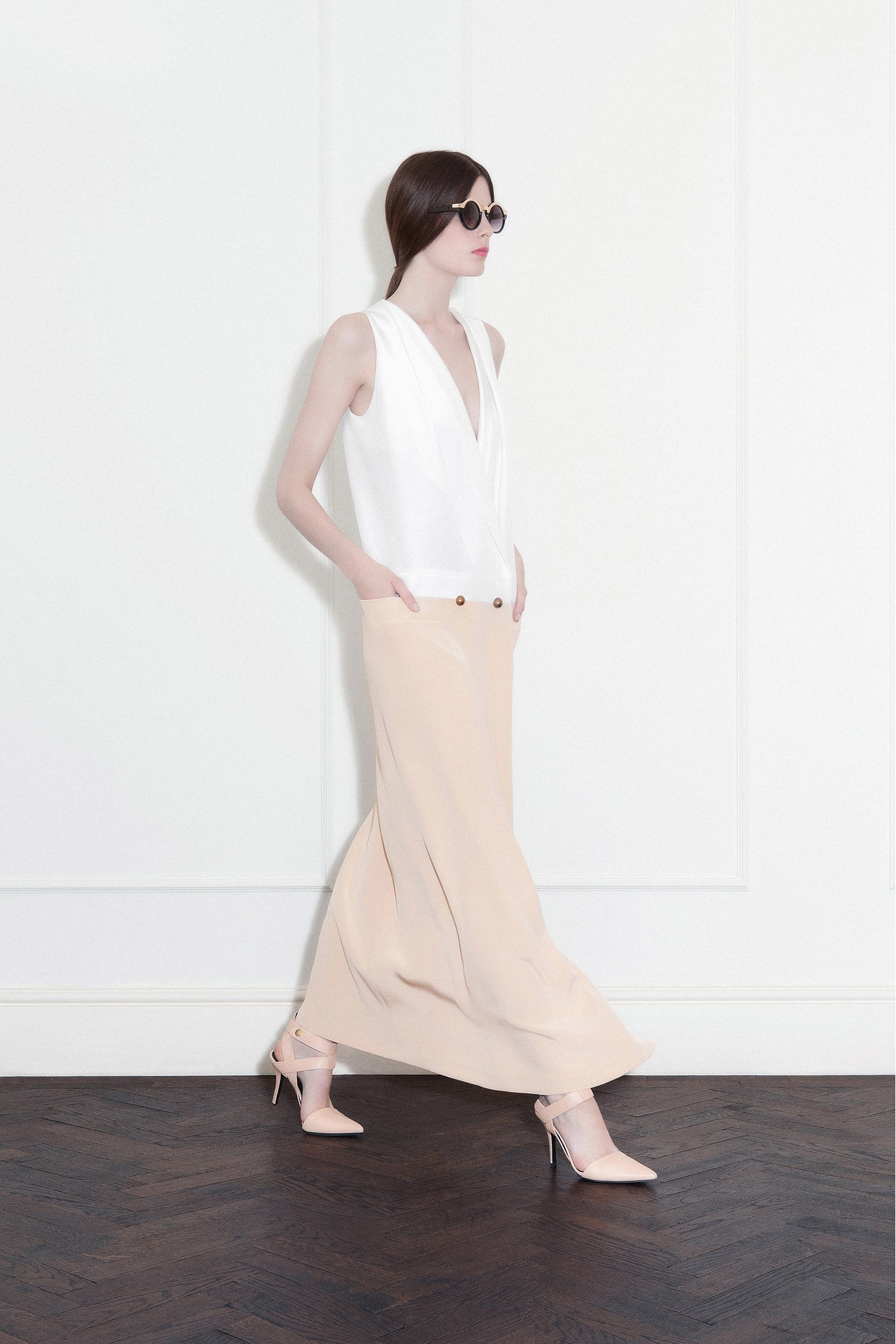 white silk fitted top with beige maxi skirt