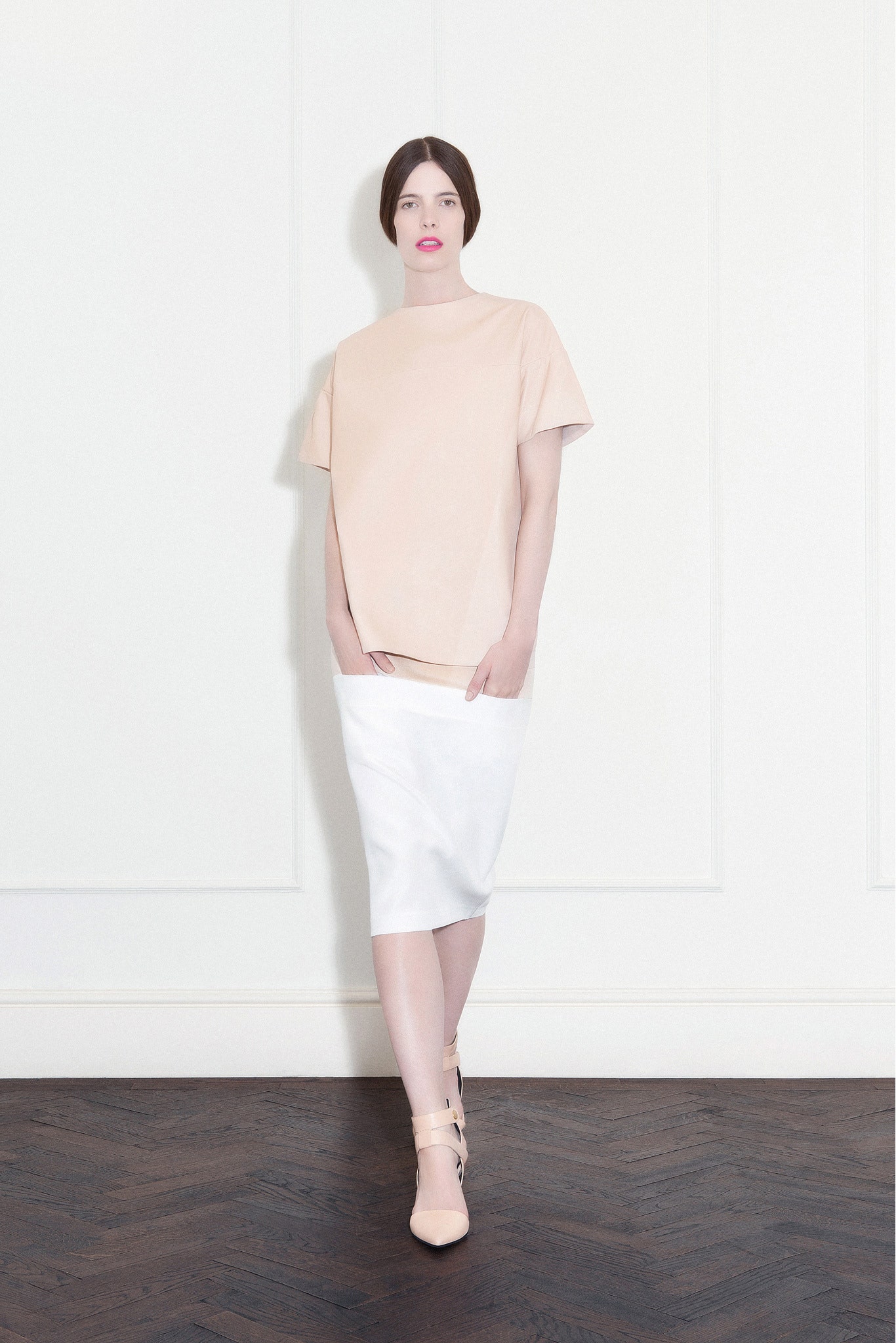 beige silk top and white pencil skirt