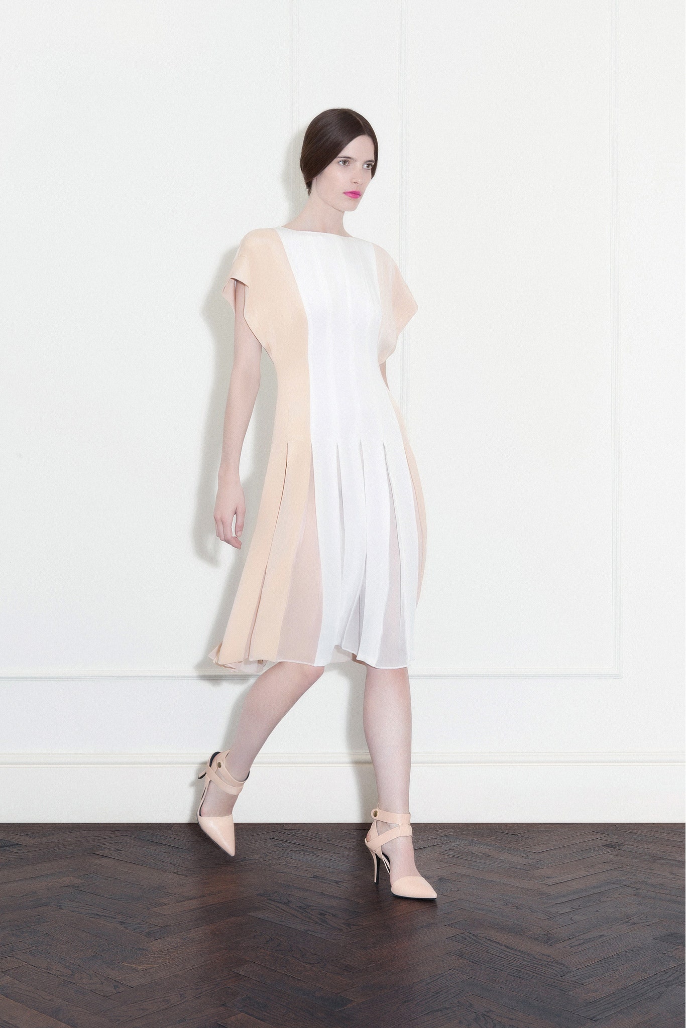 white and beige pleated midi dress