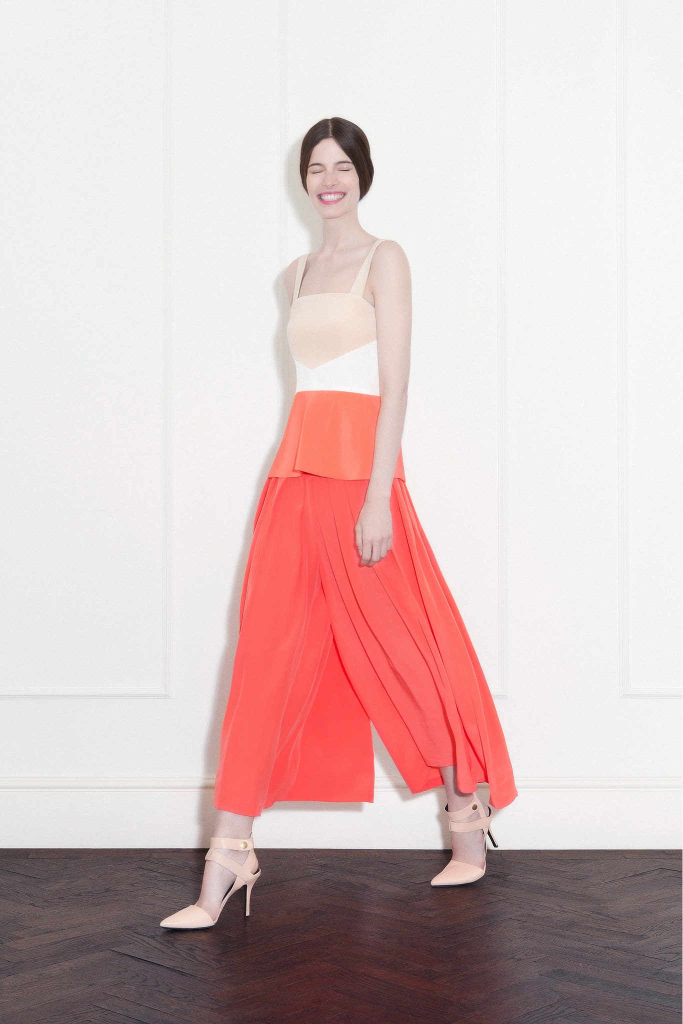 coral pleated midi dress