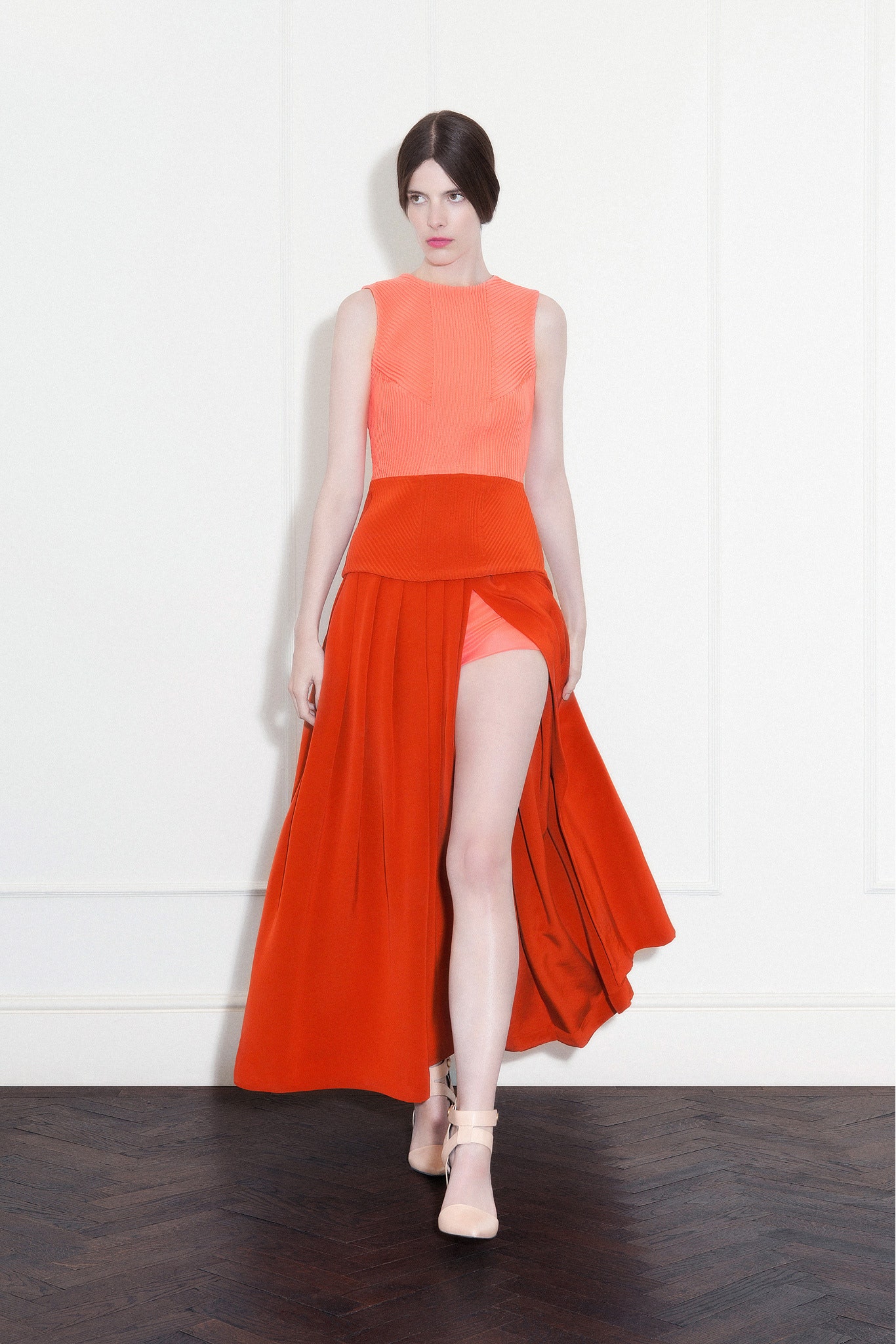 orange pink pleated midi dress