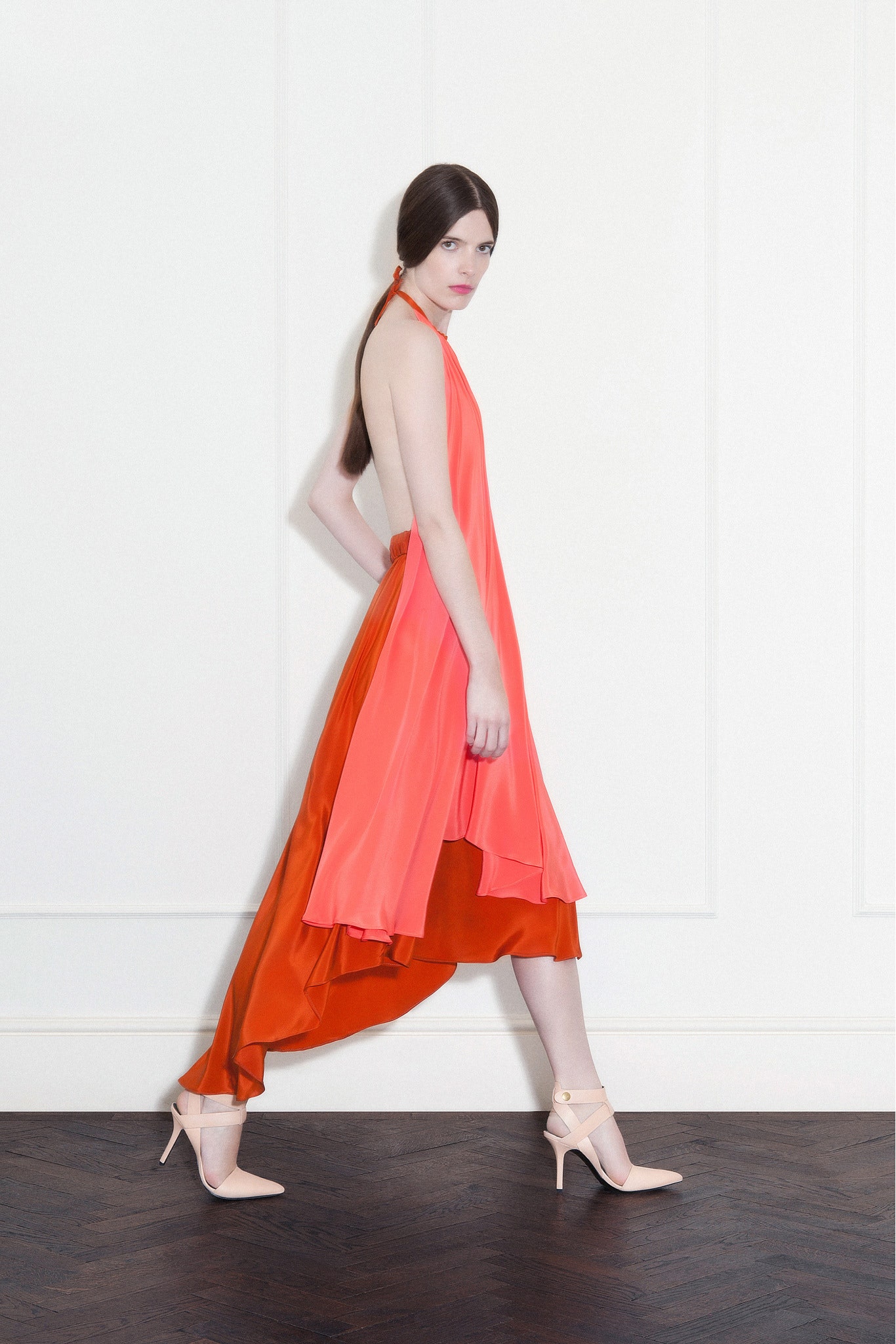 pink and orange draped dress