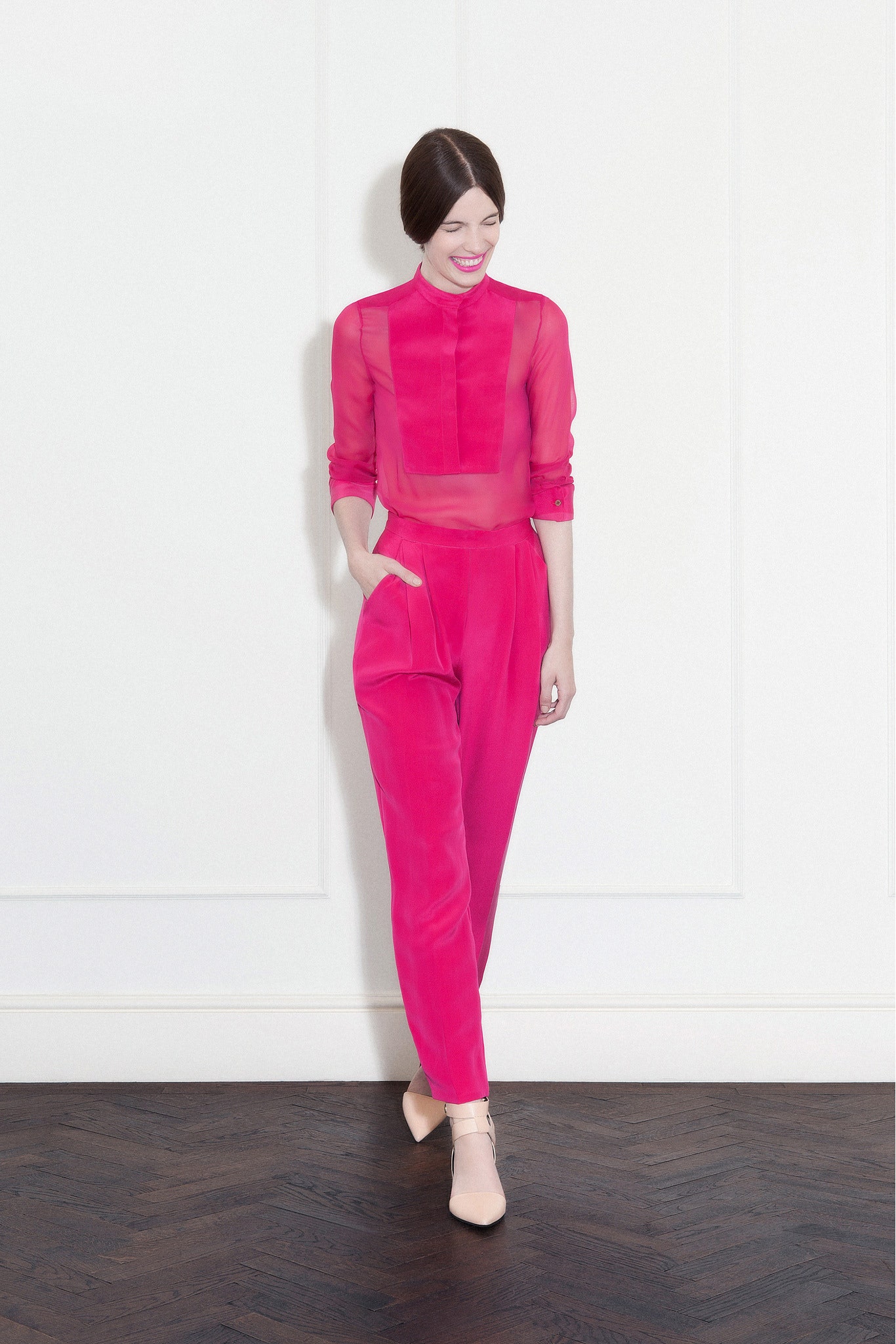 pink silk long-sleeve collared fitted pleated sheer top