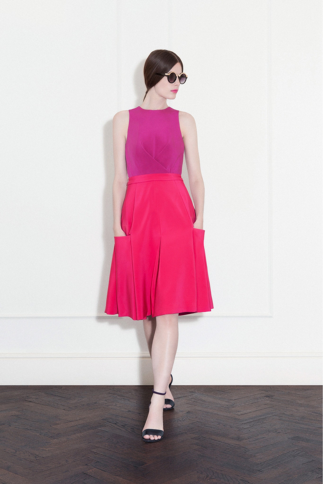 pink relaxed pleated midi skirt
