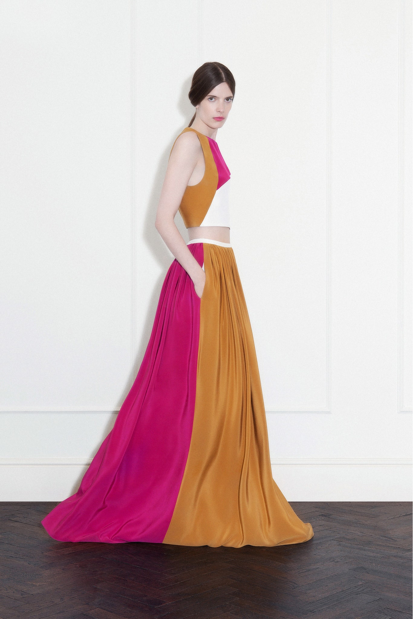 orange silk sleeveless high-neck fitted cropped crop-top