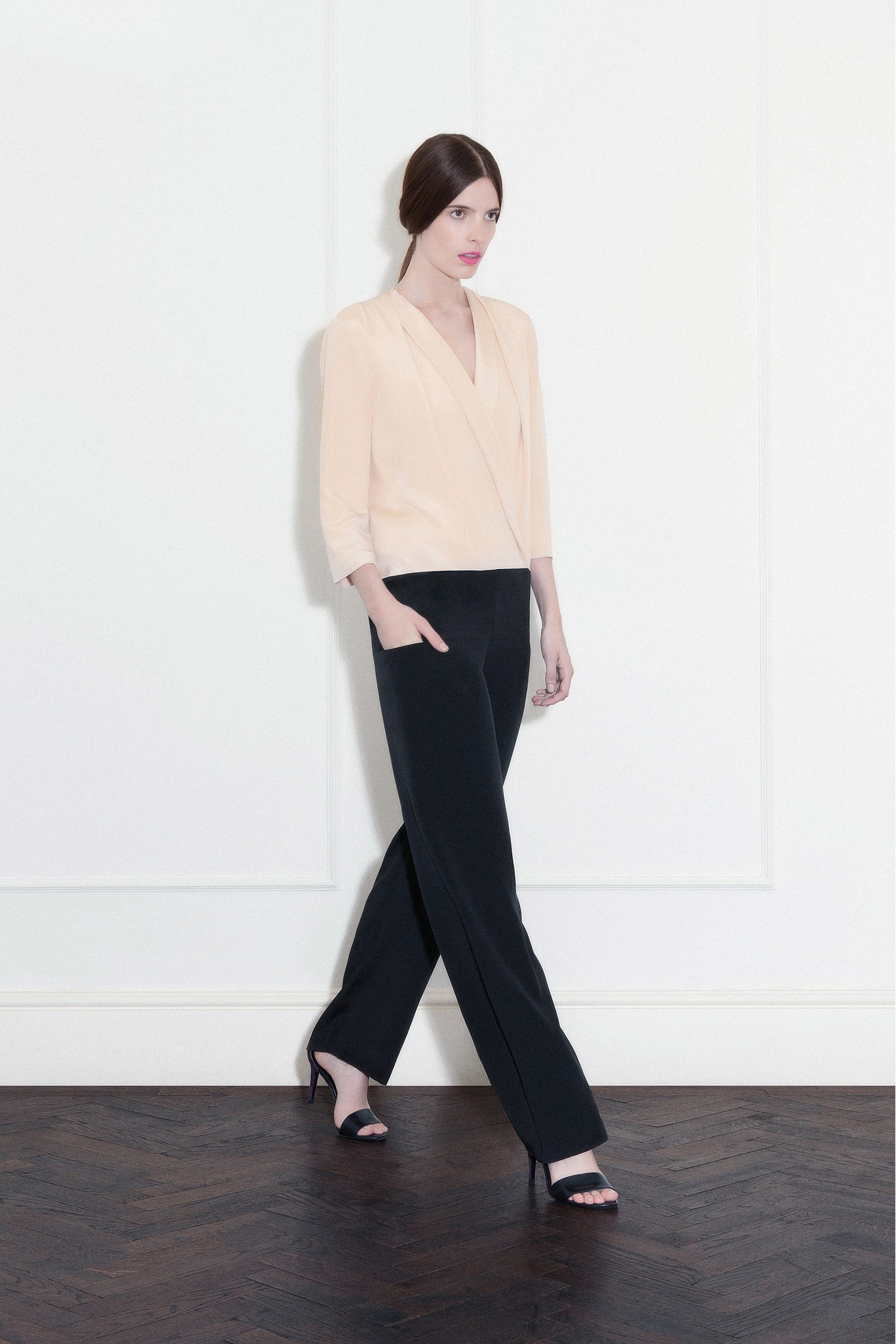 beige silk long-sleeve v-neck fitted draped blouse