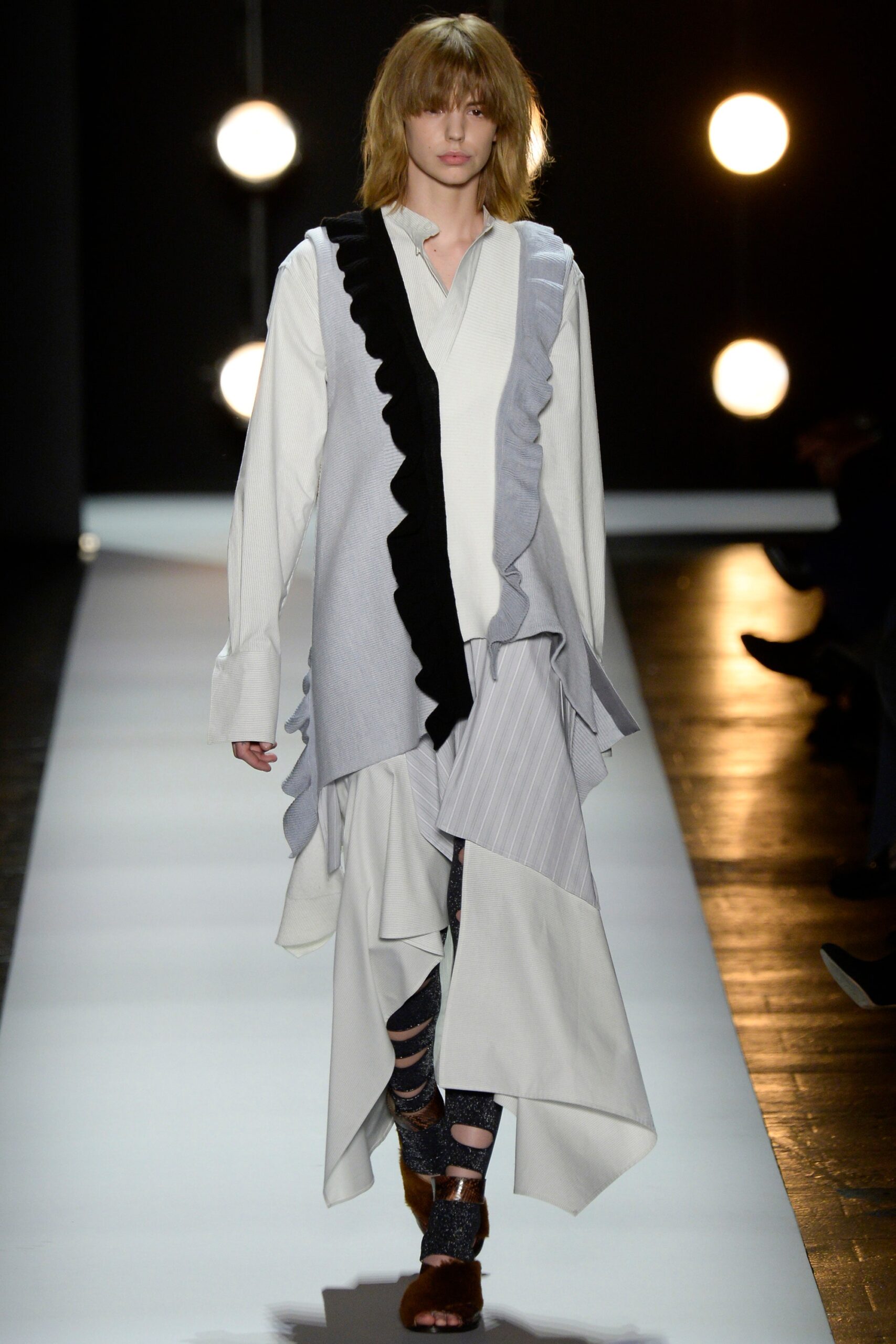 white cotton long-sleeve v-neck relaxed ruffled layered dress