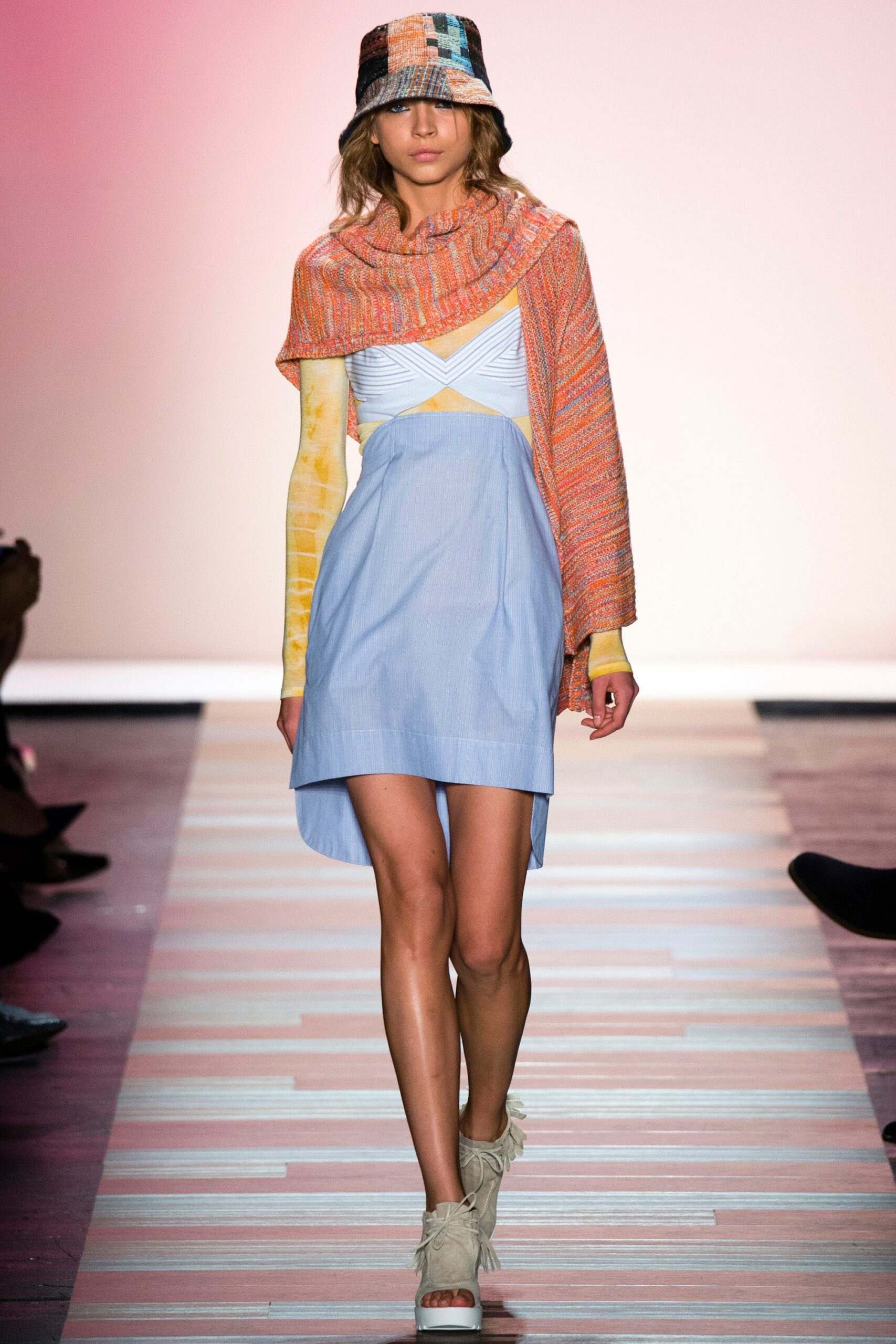 blue mini dress with knit scarf