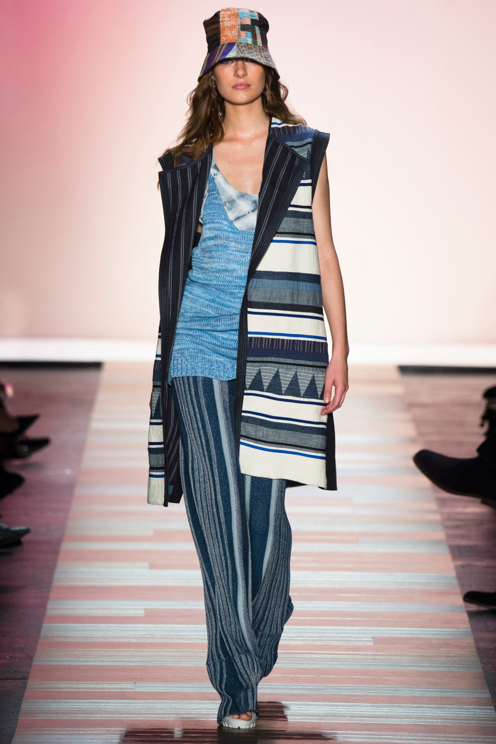 blue cotton long-sleeve collared relaxed layered printed vest