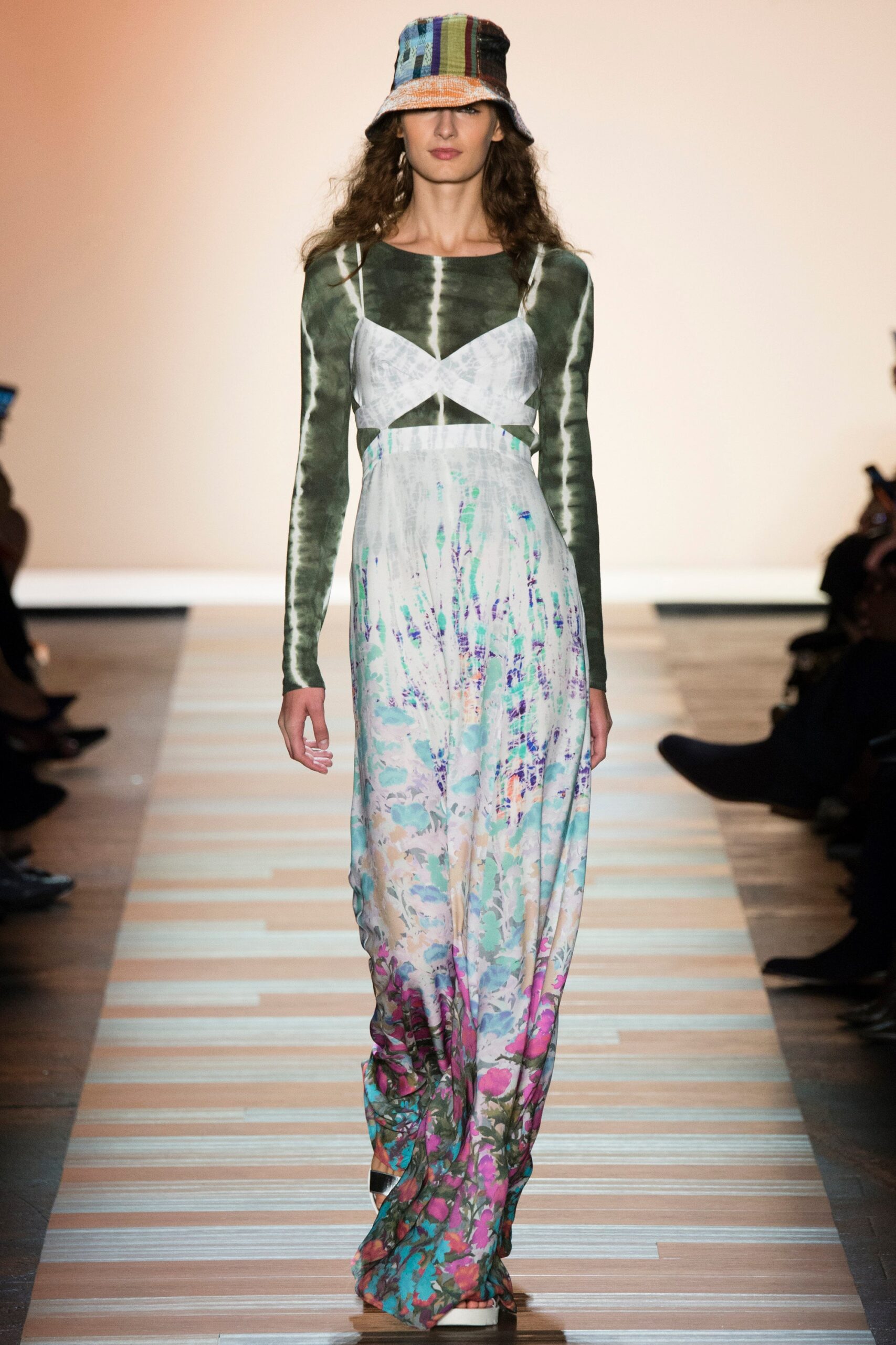 floral maxi dress with striped hat