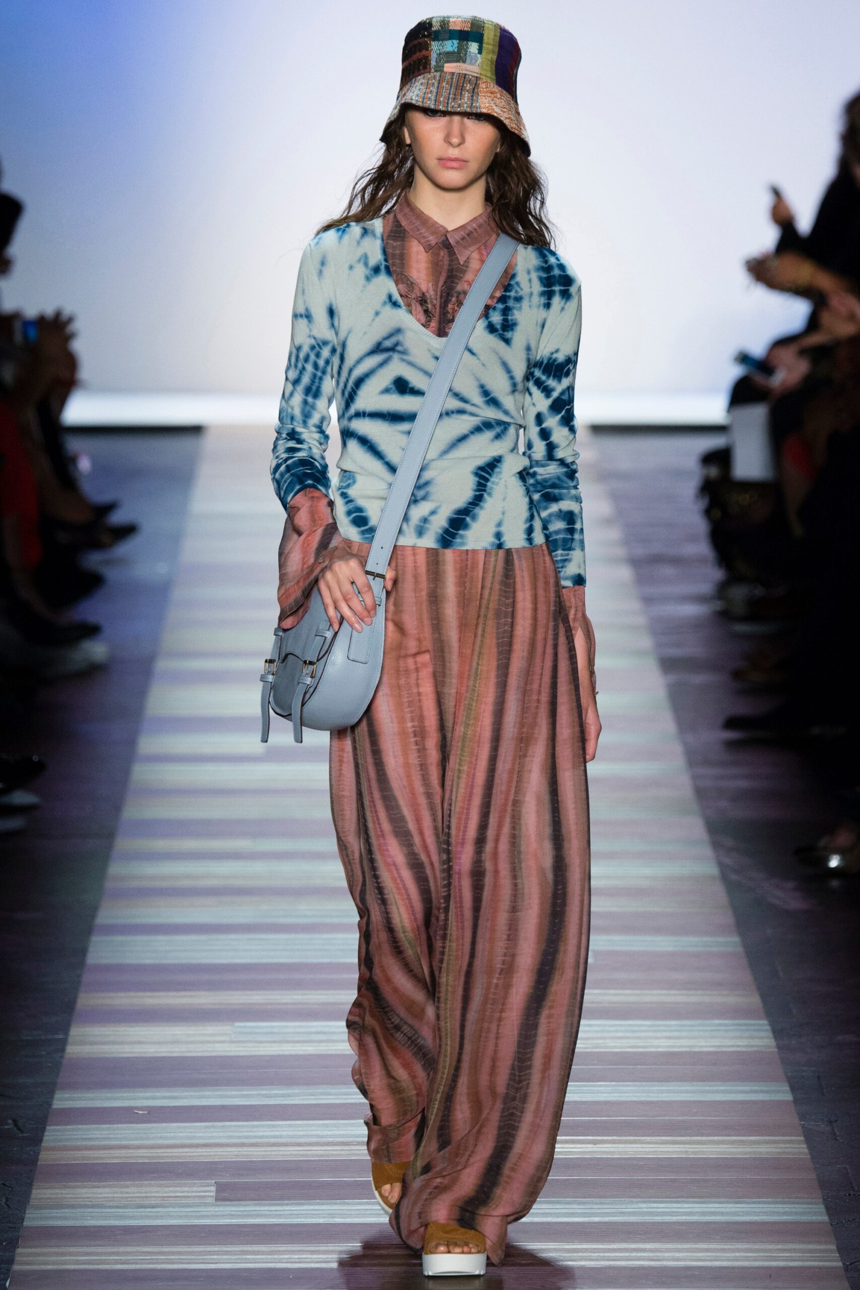 blue tie-dye top with maxi skirt