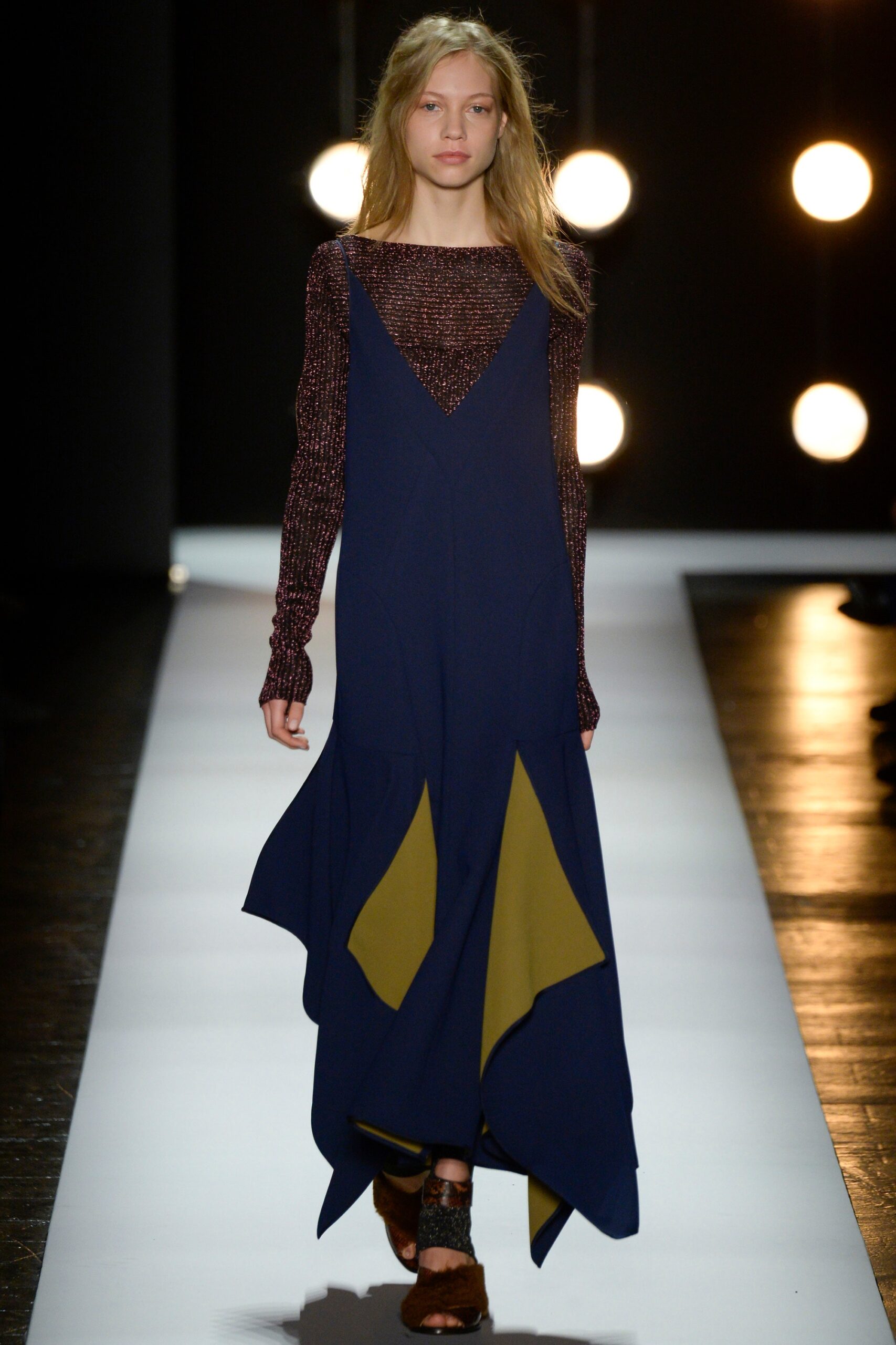 blue and green asymmetric midi dress with red top