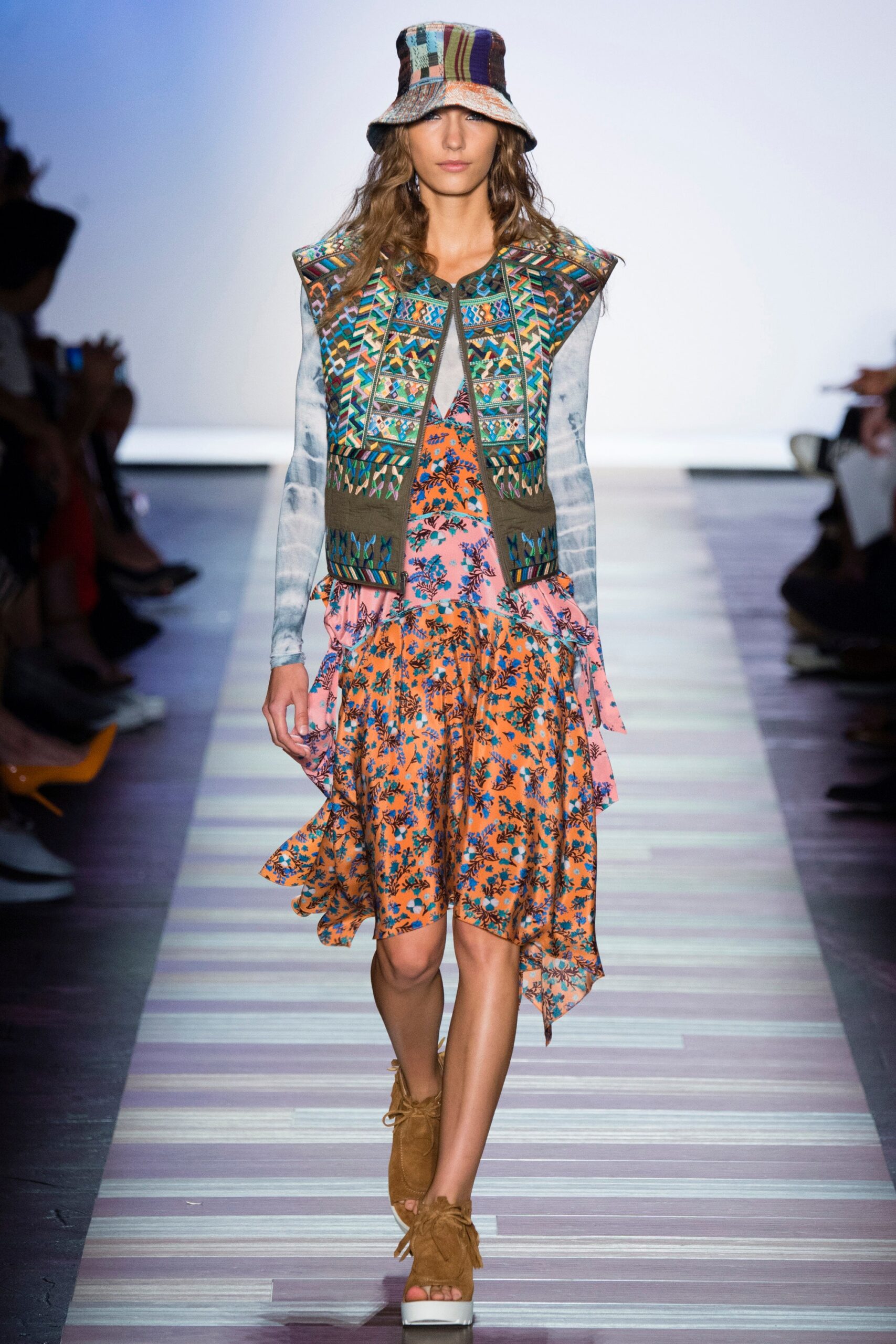 floral midi dress with embroidered vest