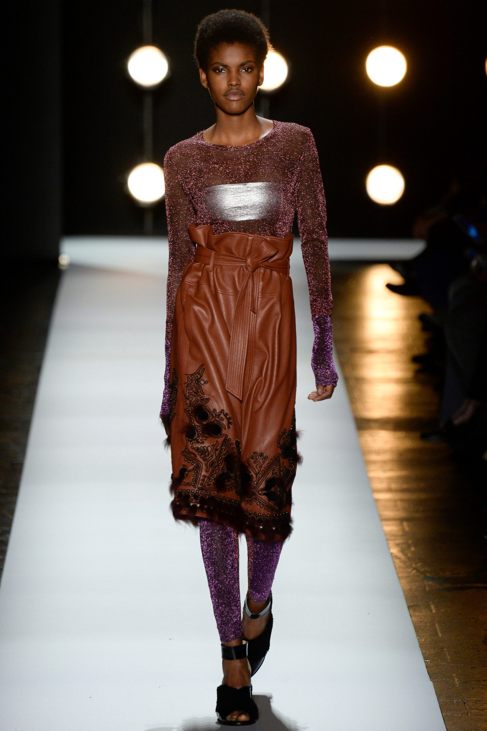 brown leather belted midi dress