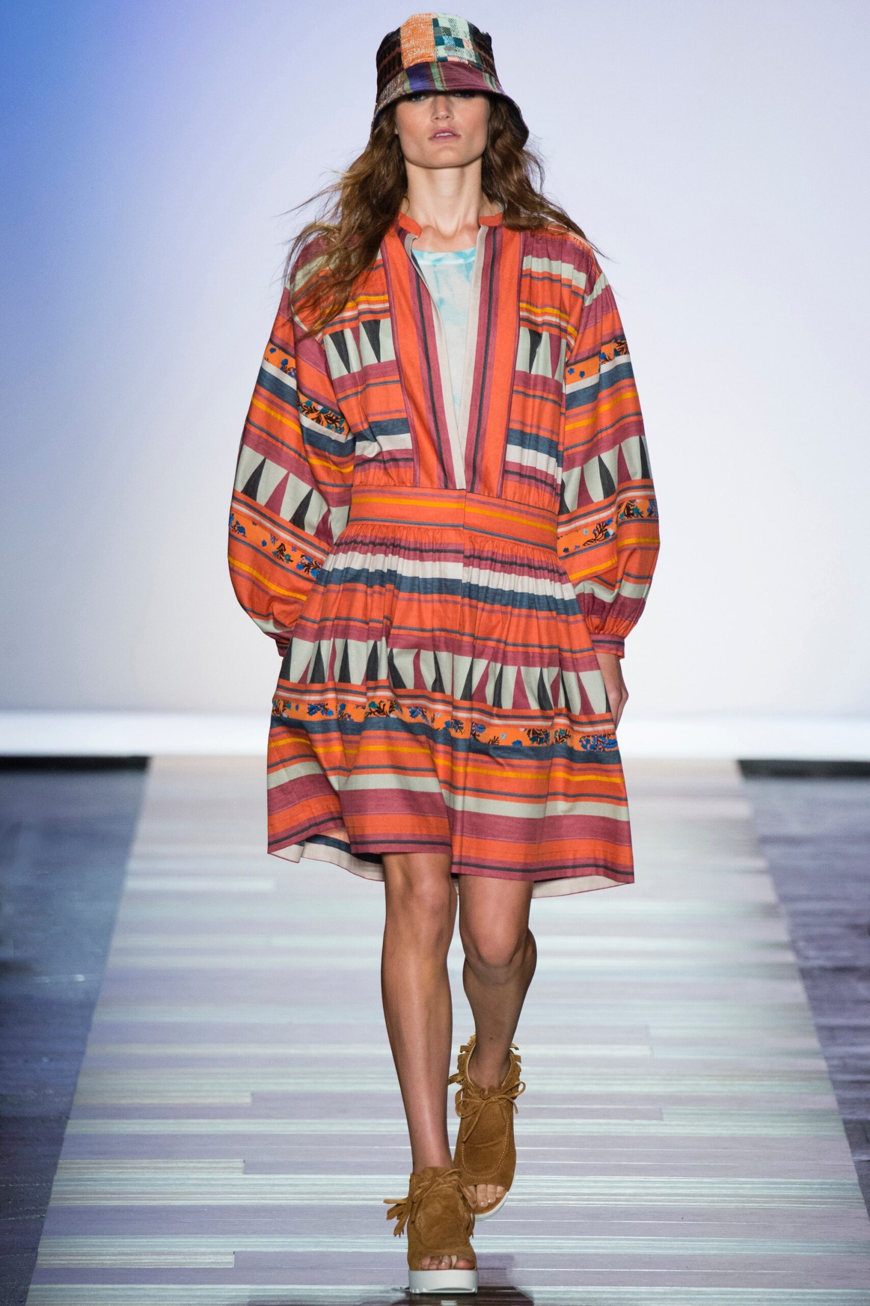 multi-colored printed mini dress and hat