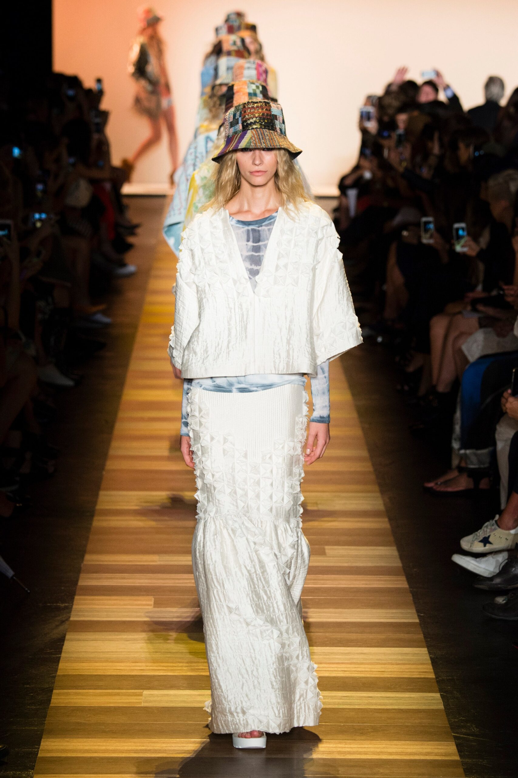 white pleated maxi dress with blue top