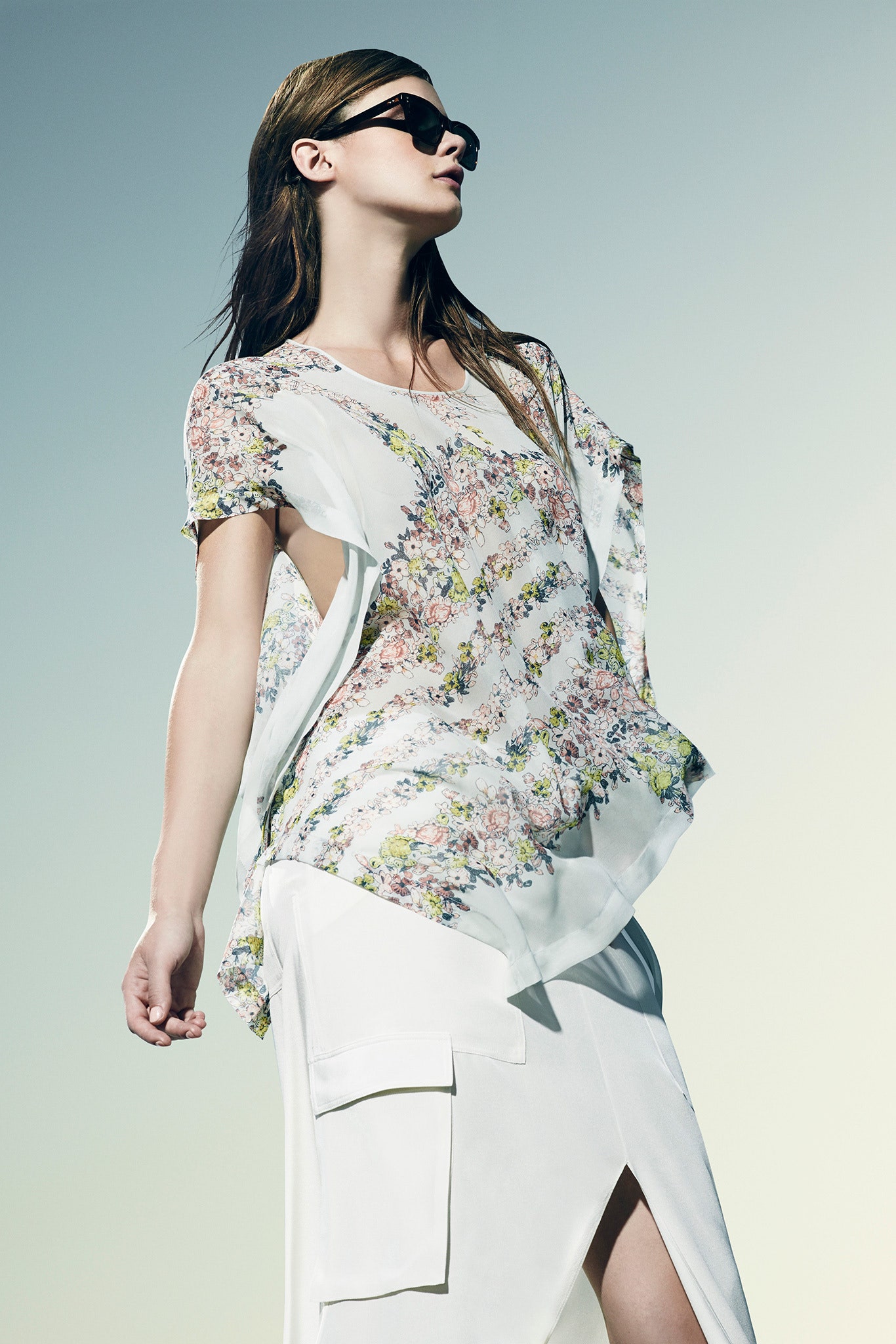 floral silk top with asymmetric skirt