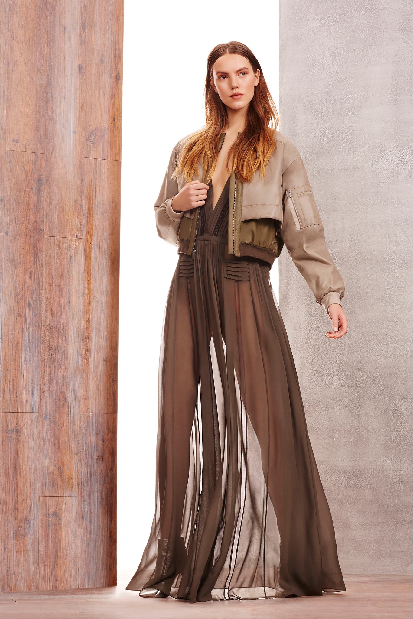 black chiffon maxi dress with beige jacket