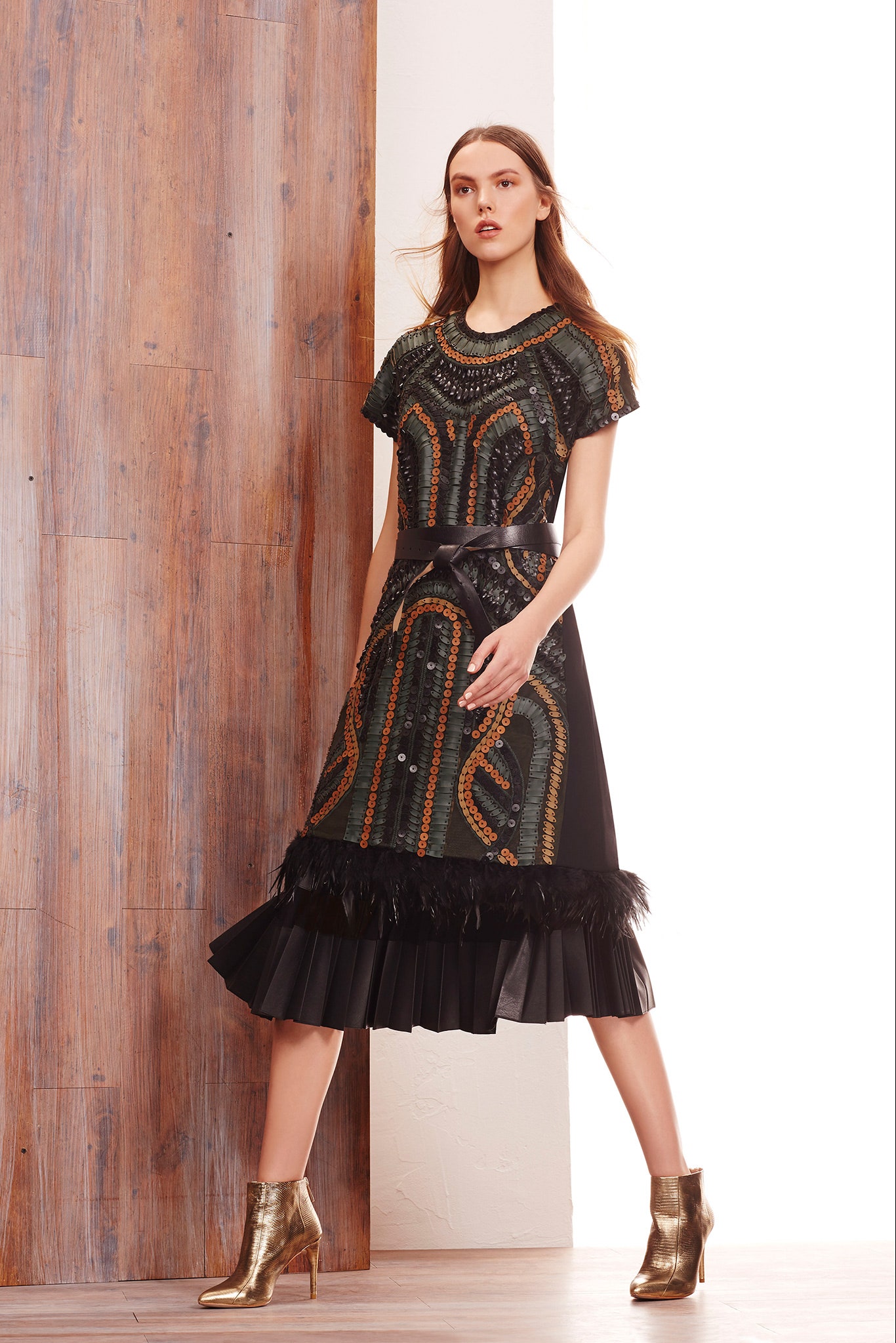 black and gold beaded midi dress