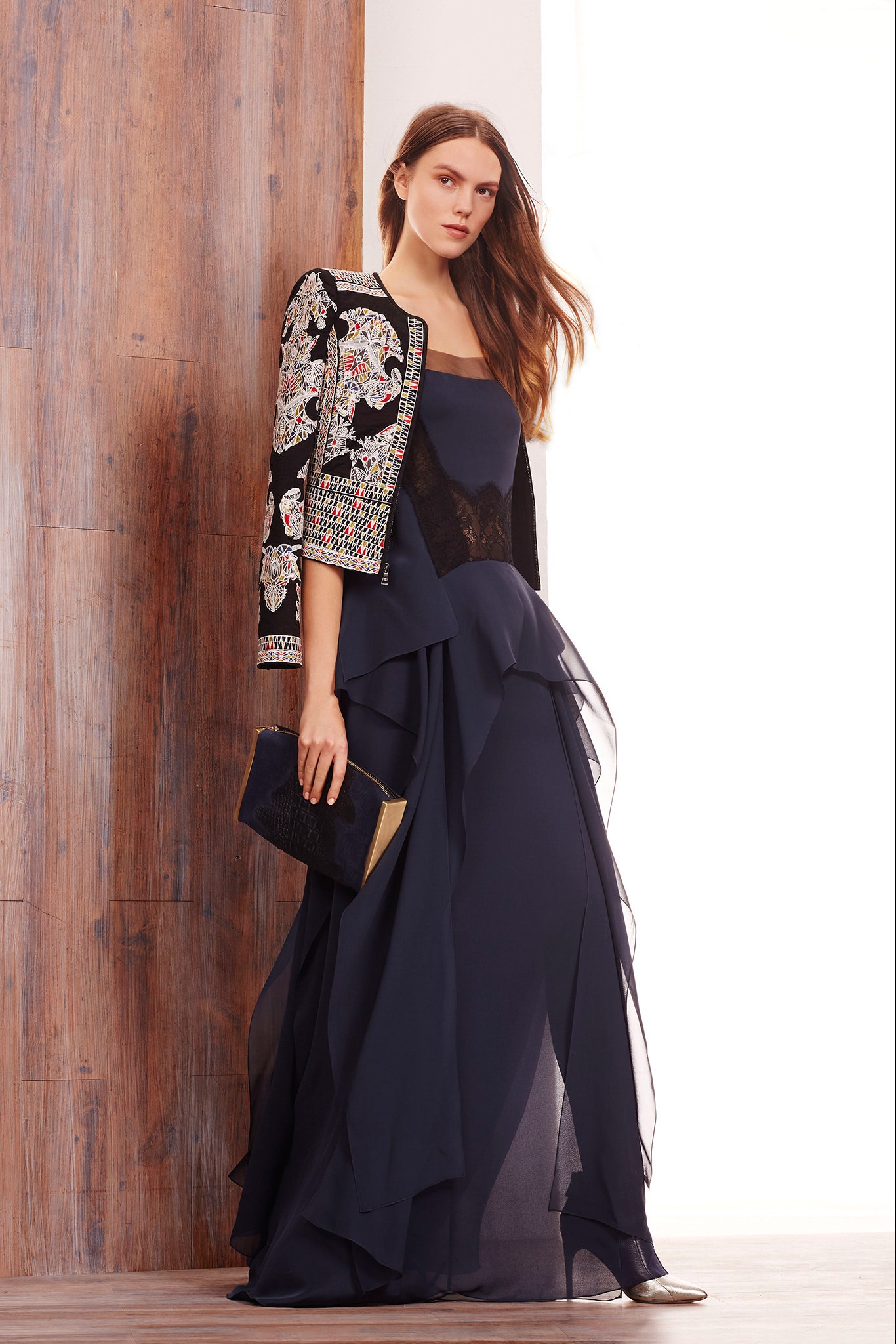 navy chiffon gown with embroidered jacket