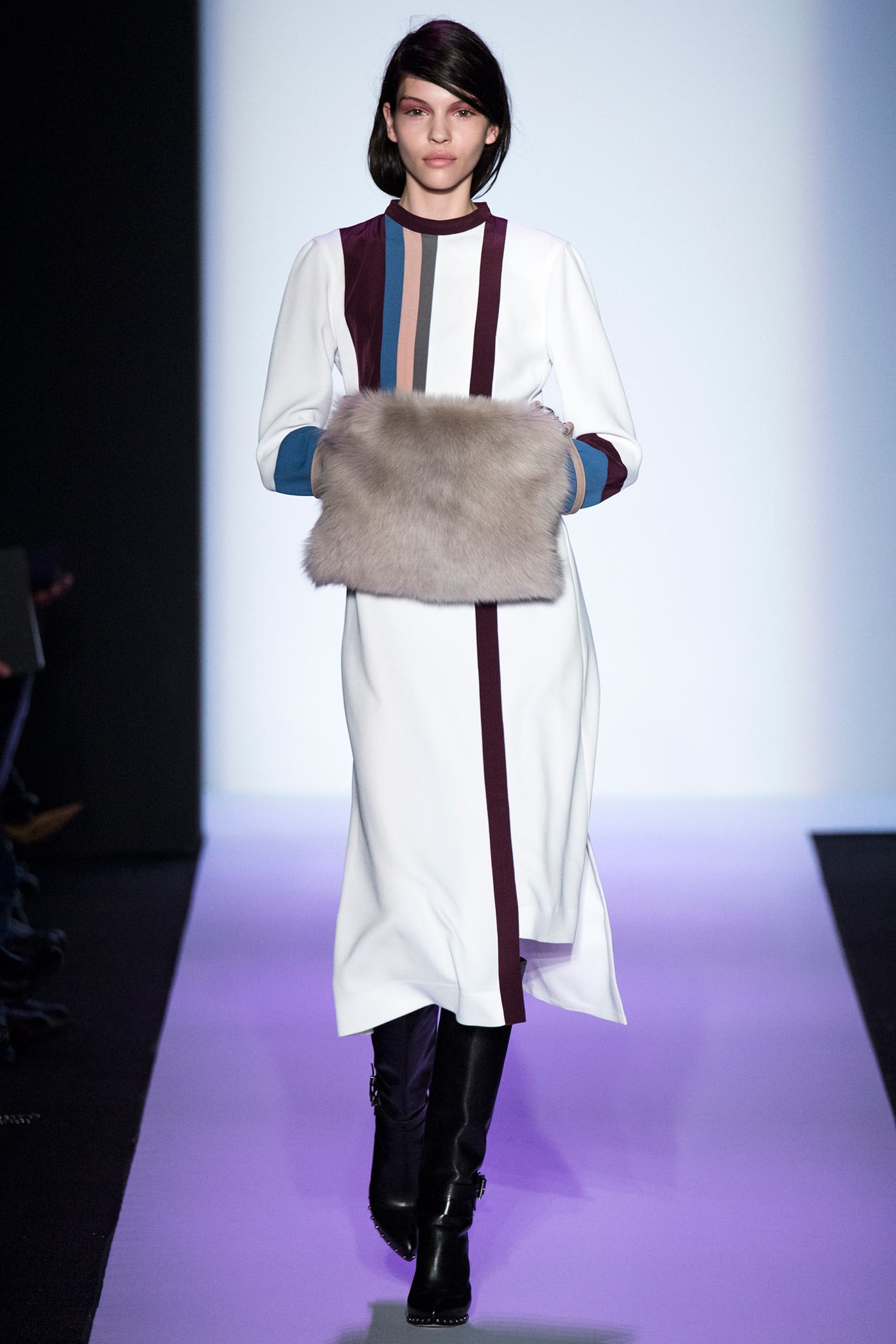 color-blocked midi dress with fur bag