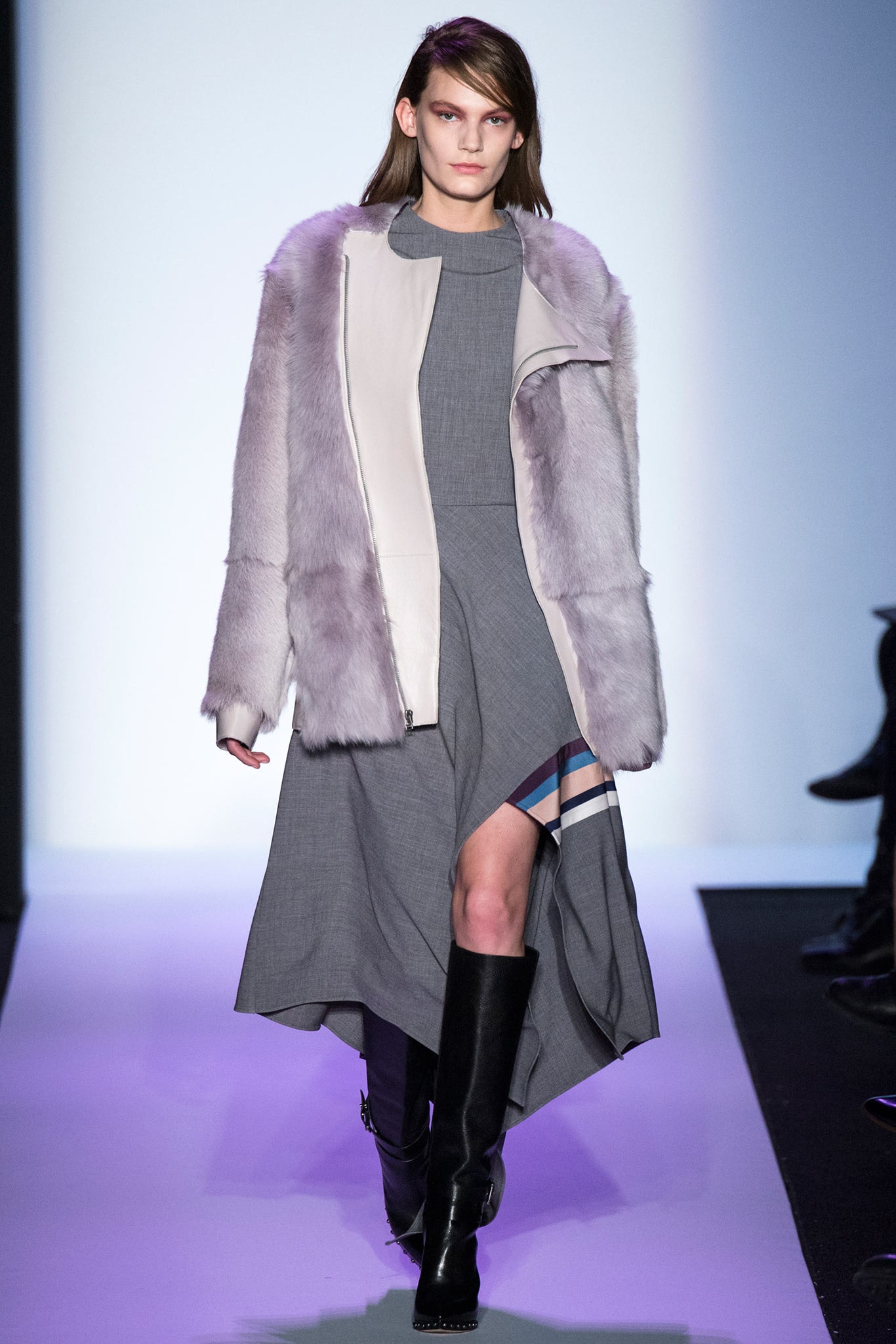 gray faux-fur coat and midi dress