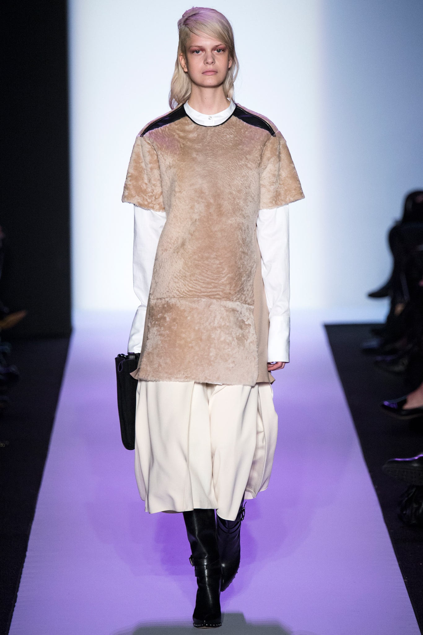 beige faux-fur top with white shirt