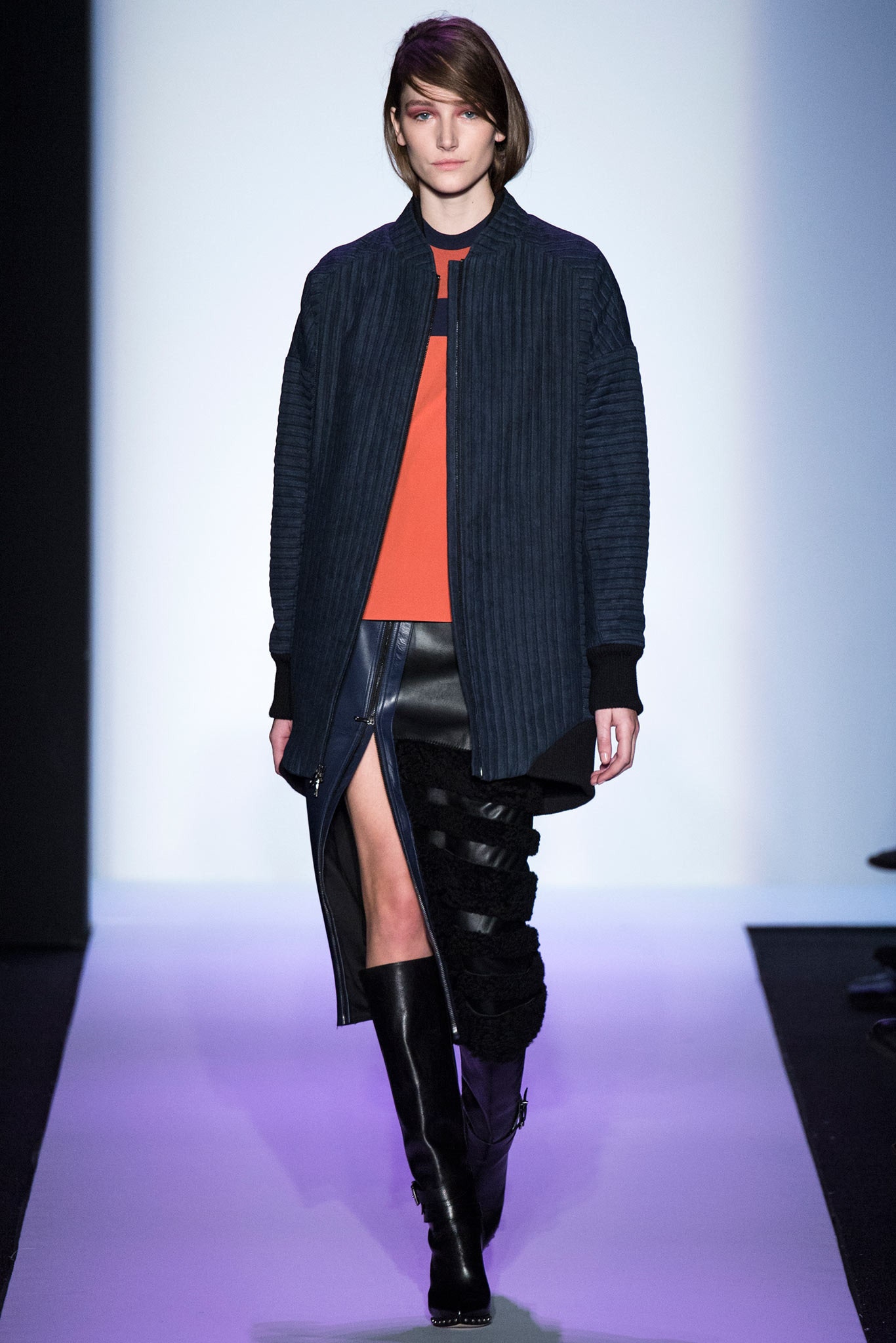 oversized black jacket with fitted orange top