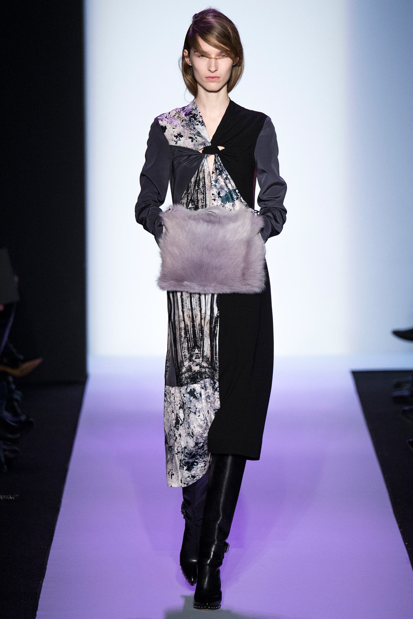 color-blocked midi dress with fur bag