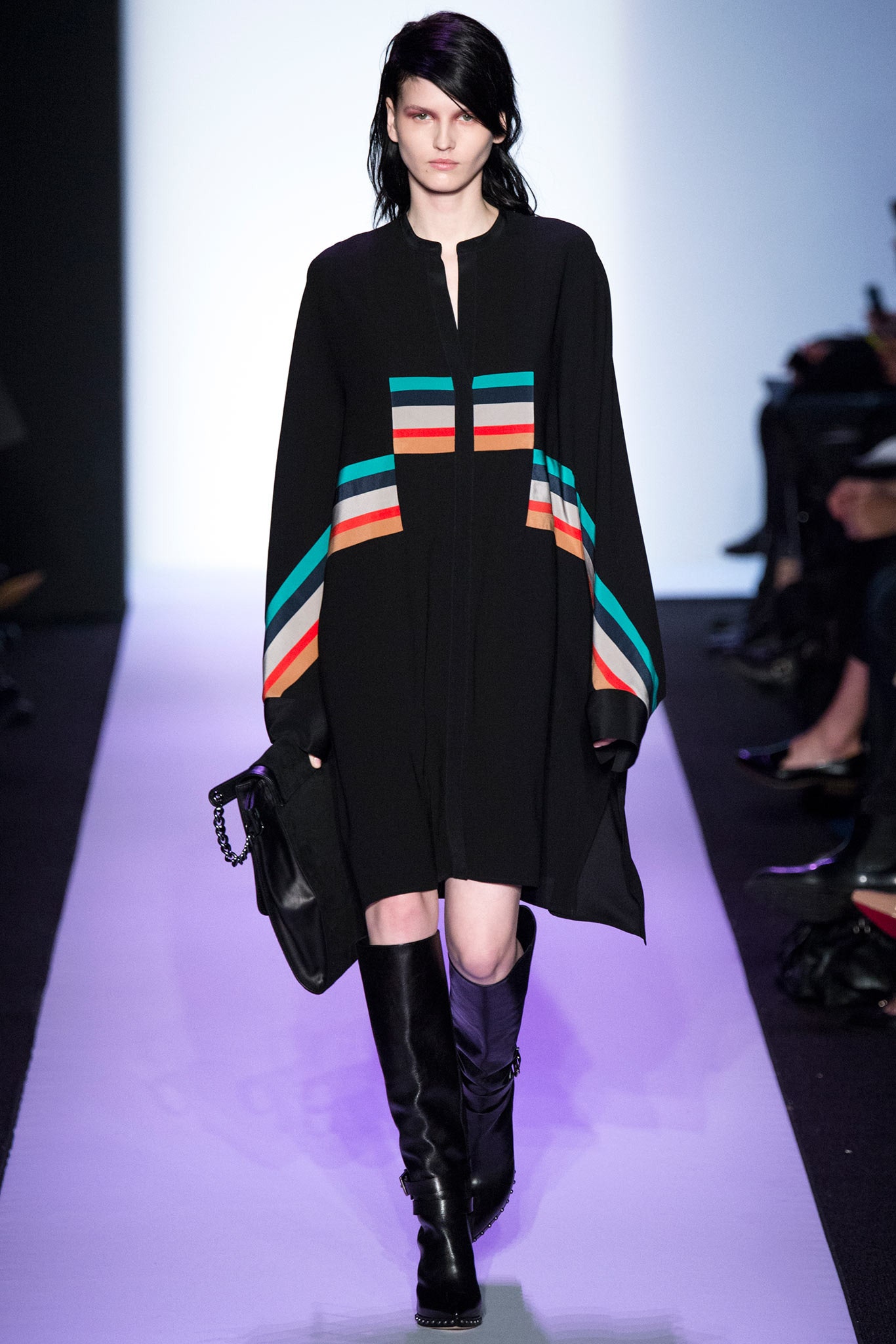 black relaxed midi dress with color-blocked sleeves