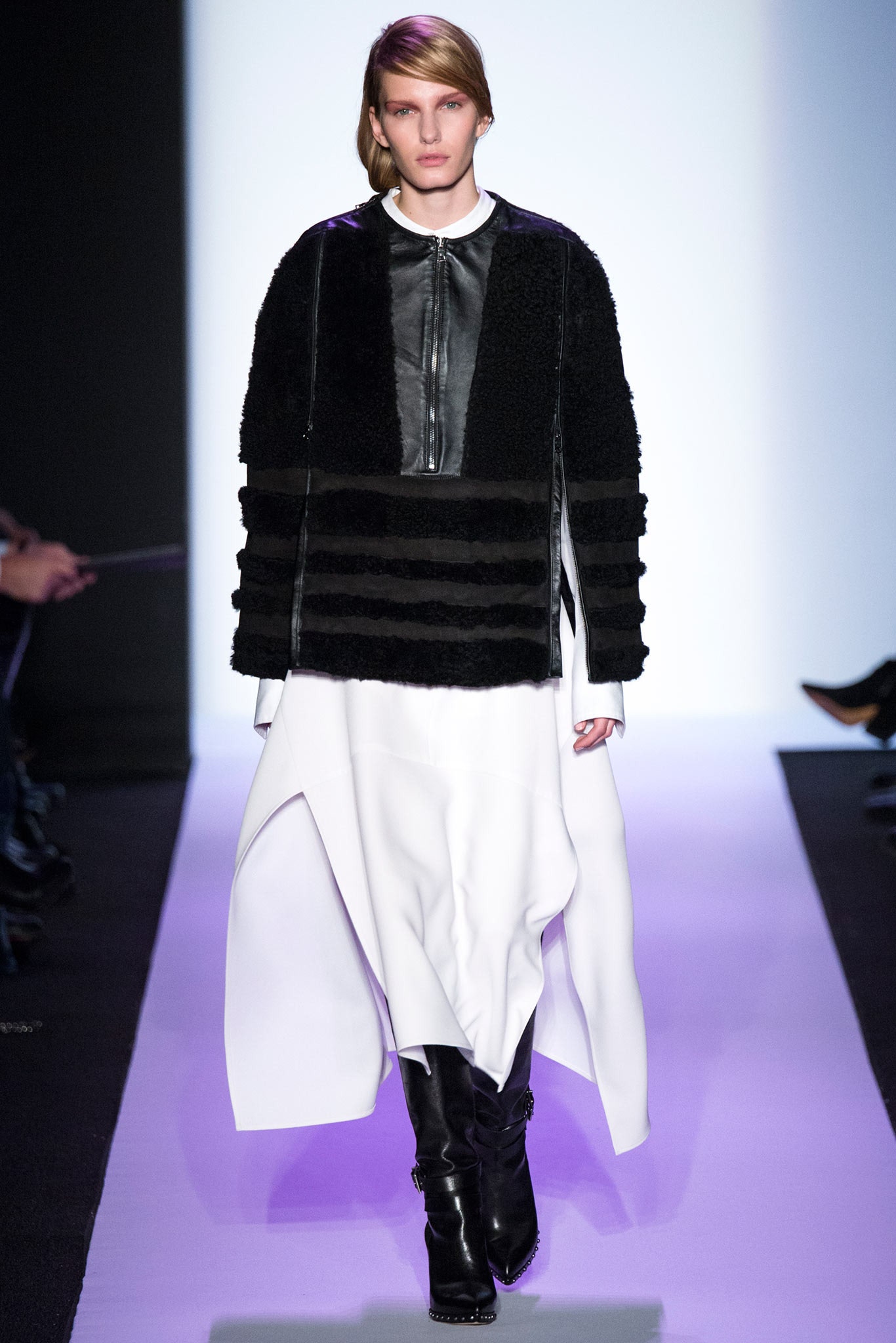 black faux-fur coat white asymmetric dress