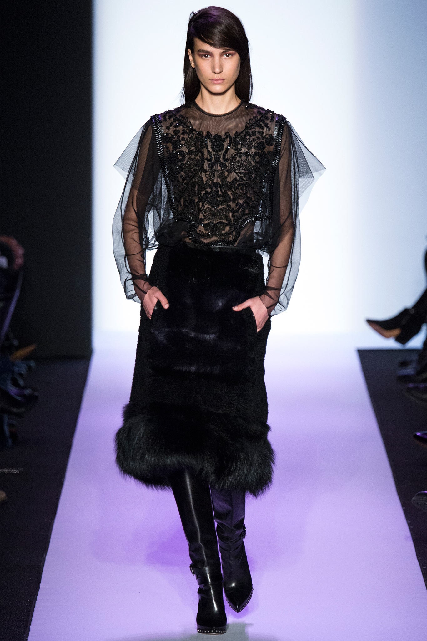 black embroidered sheer top and fur skirt