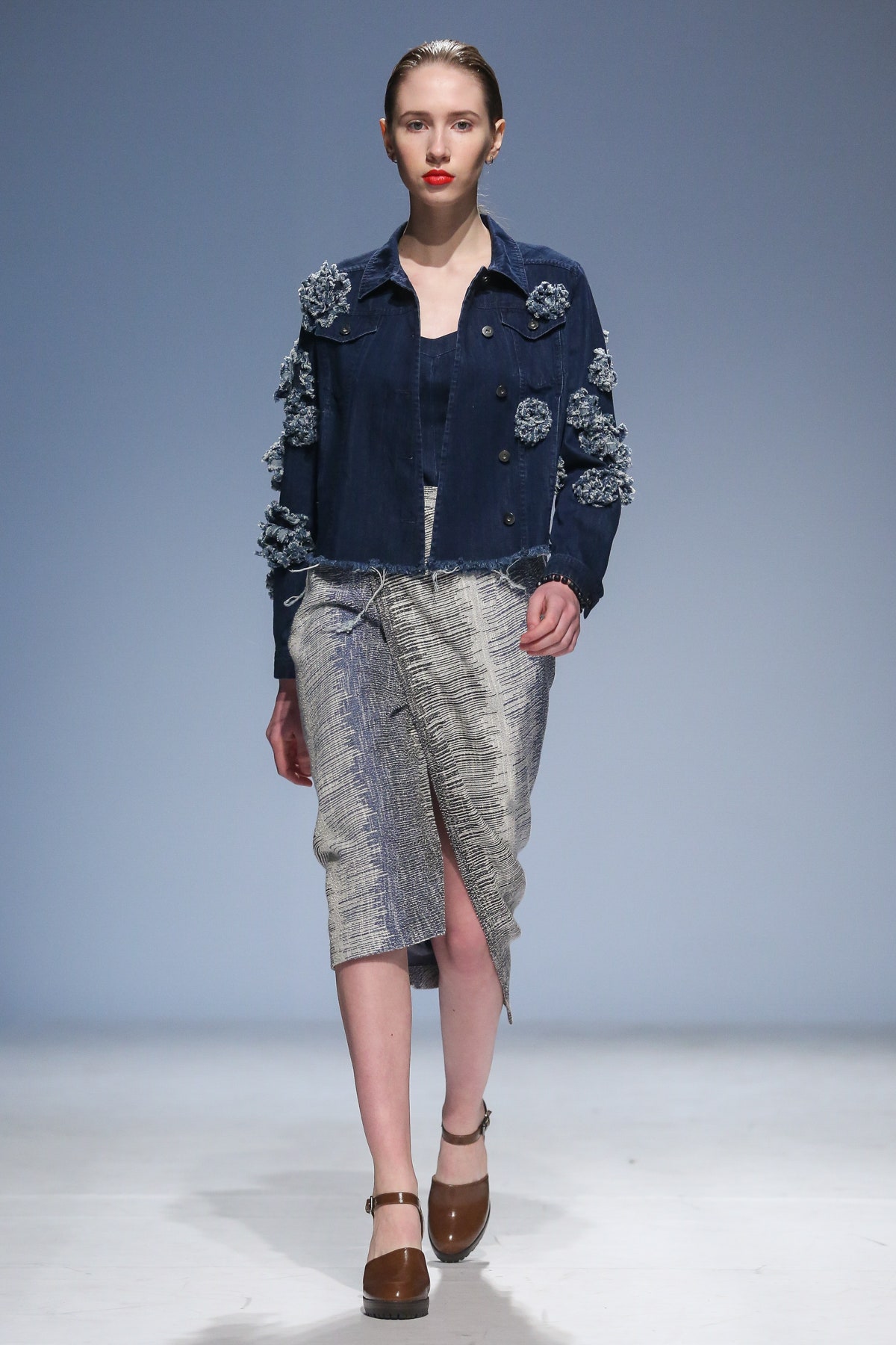 blue embellished cropped denim jacket